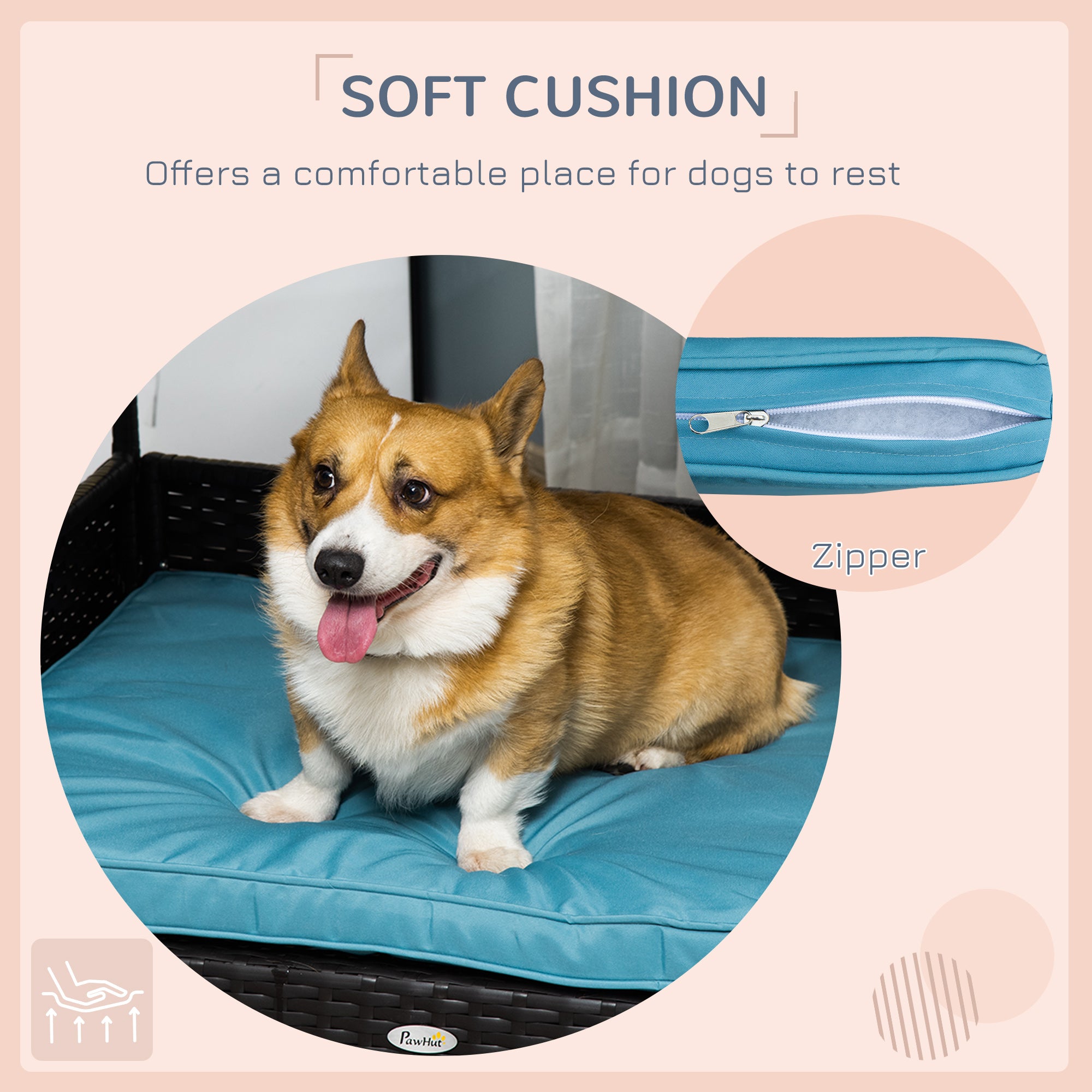 PawHut Wicker Dog Bed Patio Rattan Pet Furniture with Cushion， Blue