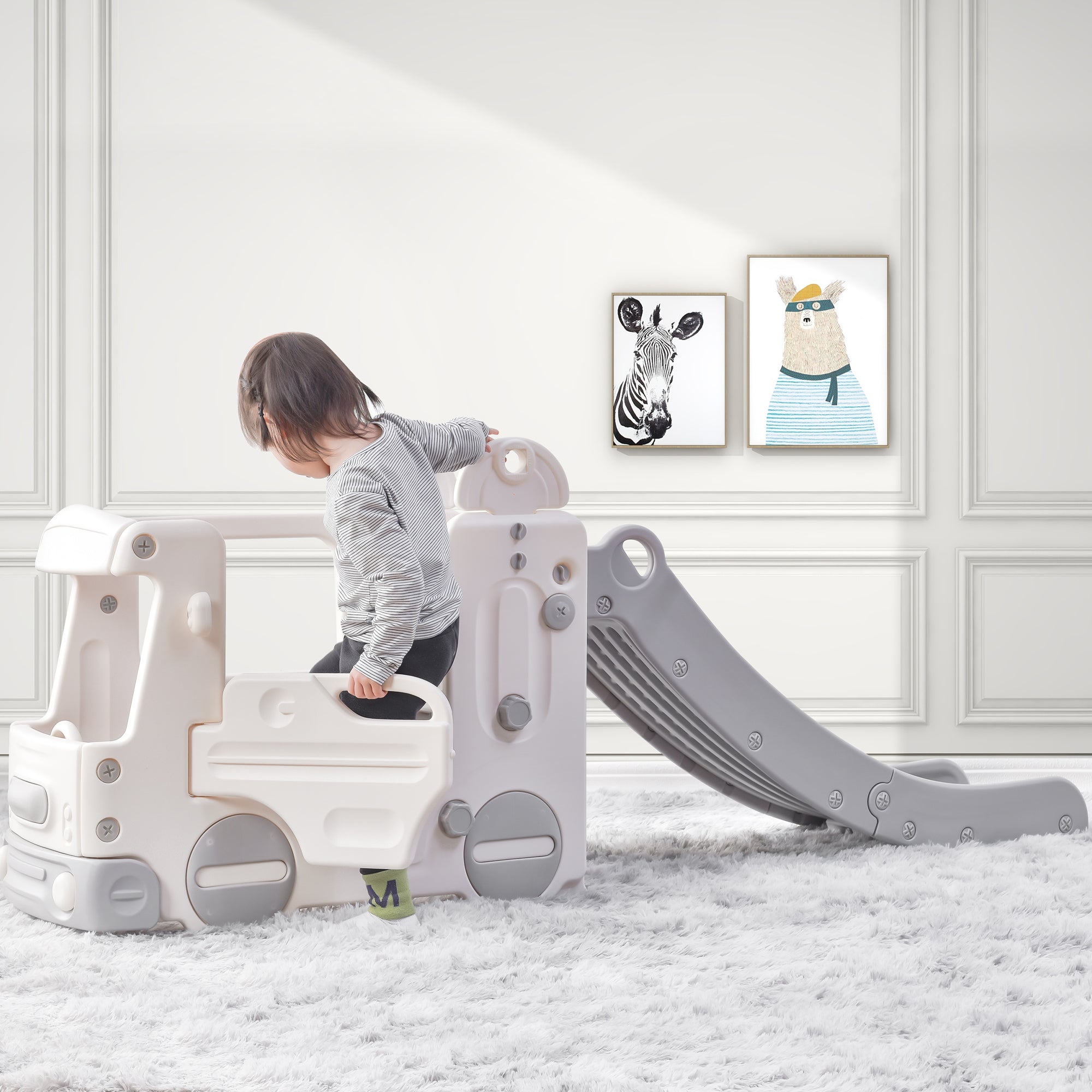 Kids Slide Playground， 4 in 1 Slide with Bus Climber Slide Set with Basketball Hoop Indoor and Outdoor