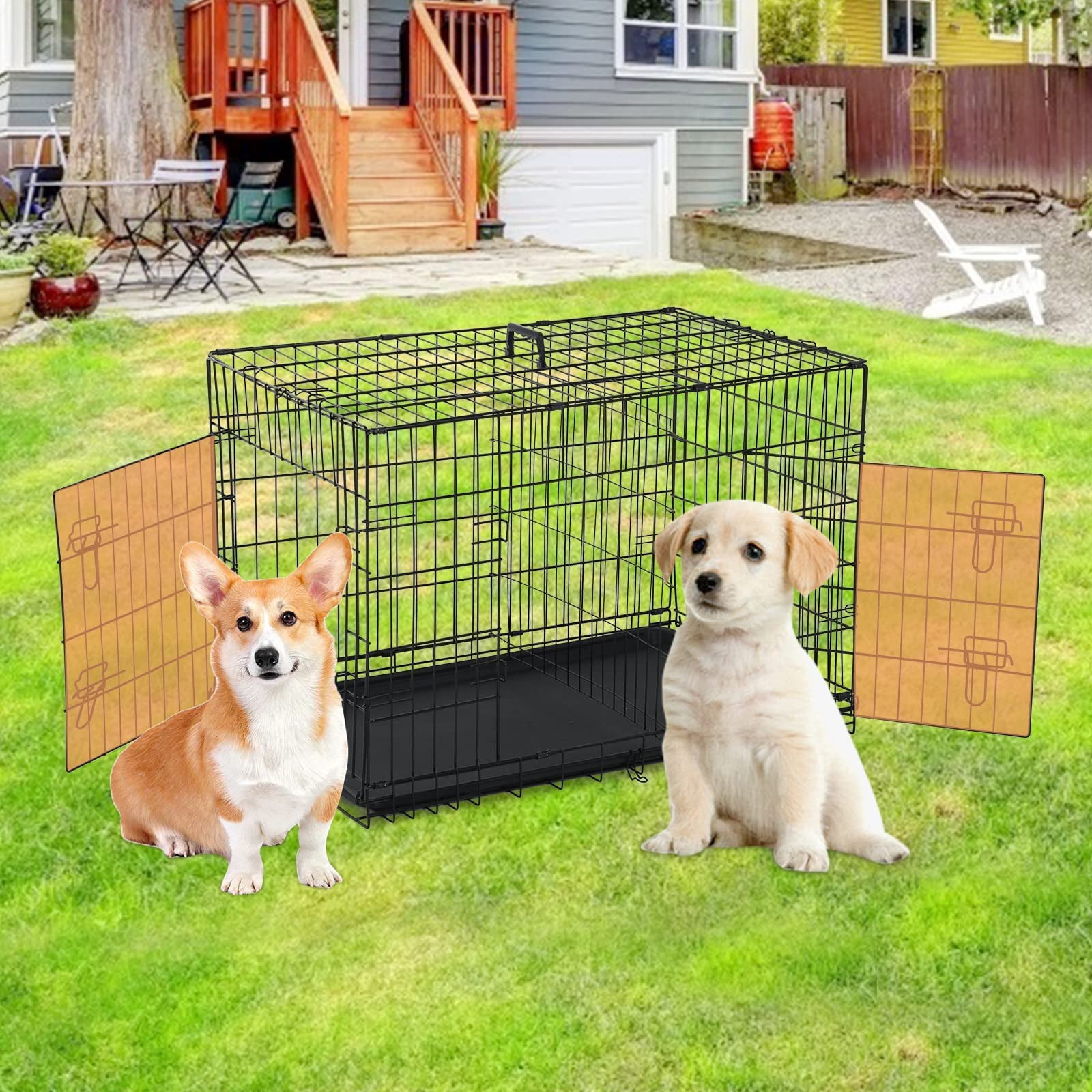 NiamVelo Dog Cage 36'' Metal Dog Crate with Double-Door， Folding and Portable Dog Kennel with Plastic Tray and Handle， Pet Crate Furniture Dog Kennel and Crates for Medium Small  Dogs， Black