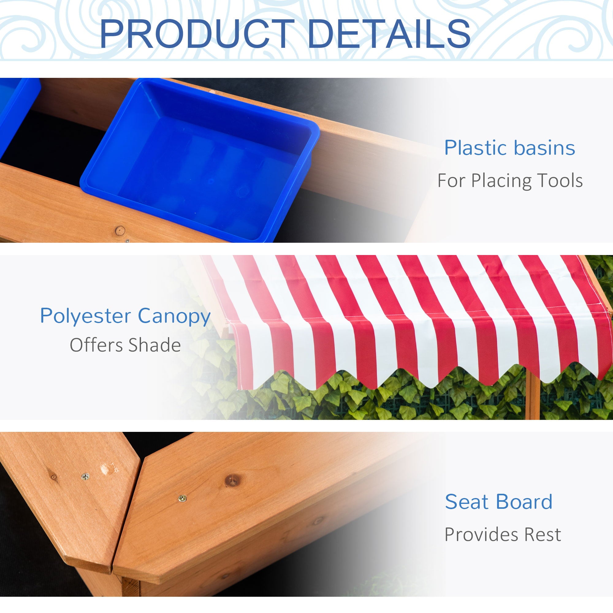 Tomshoo Wooden Sandbox， w/ Adjustable Canopy， Seats， Basins， for Backyard