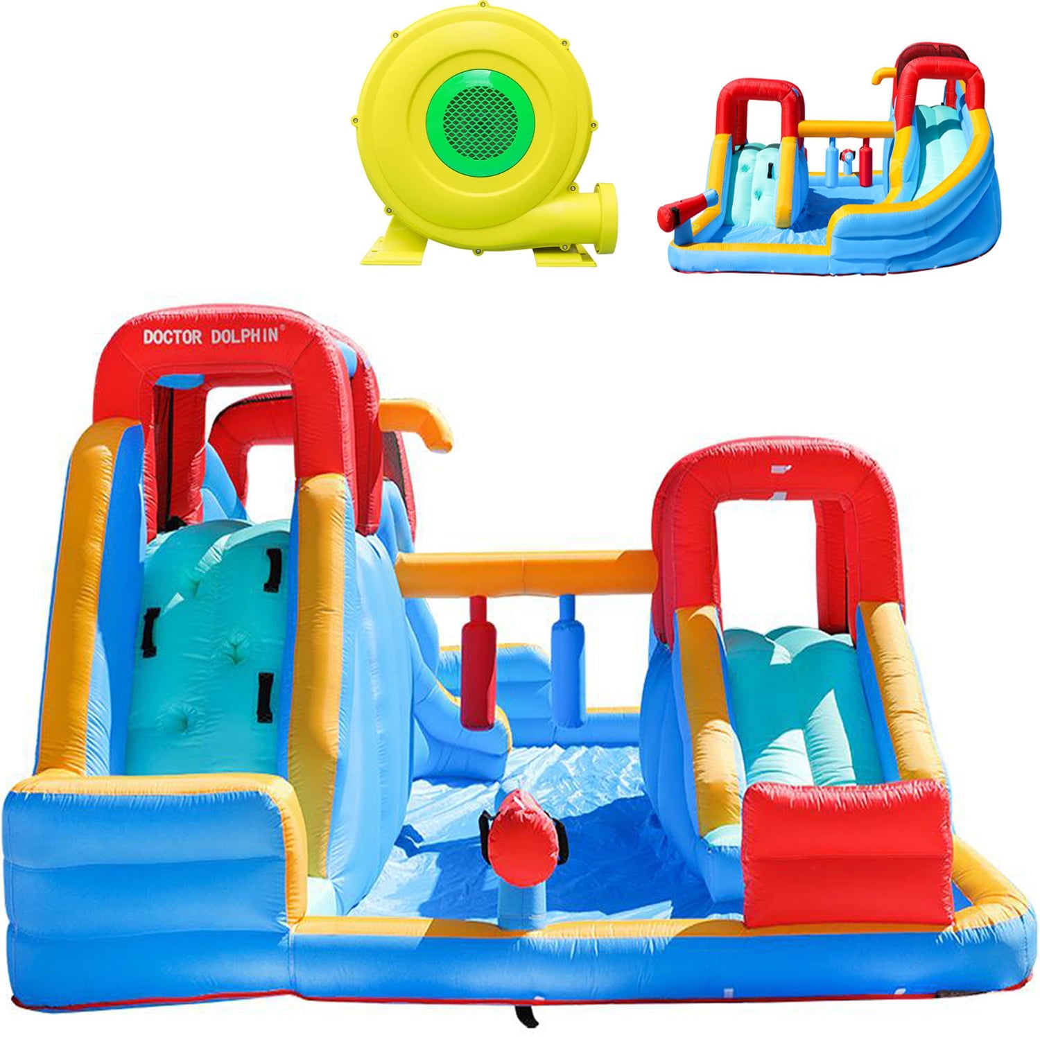 FBSPORT Inflatable Jumper Bounce House Plus Heavy Duty Blower，Slide Bouncer with 750W Air Blower， Jumping Bouncy Castle with Slide Indoor Outdoor for Kids
