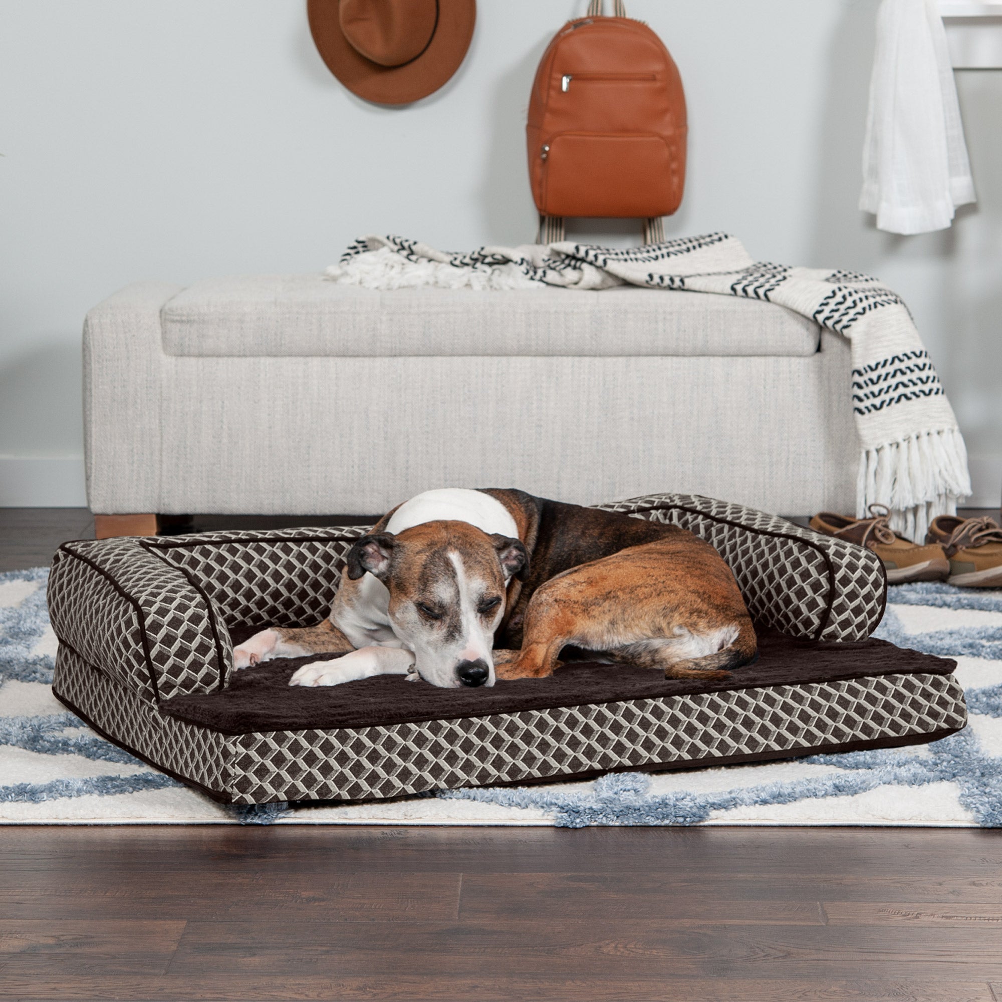 FurHaven Pet Products | Cooling Gel Memory Foam Orthopedic Plush and Decor Comfy Couch Pet Bed for Dogs and Cats， Diamond Brown， Large