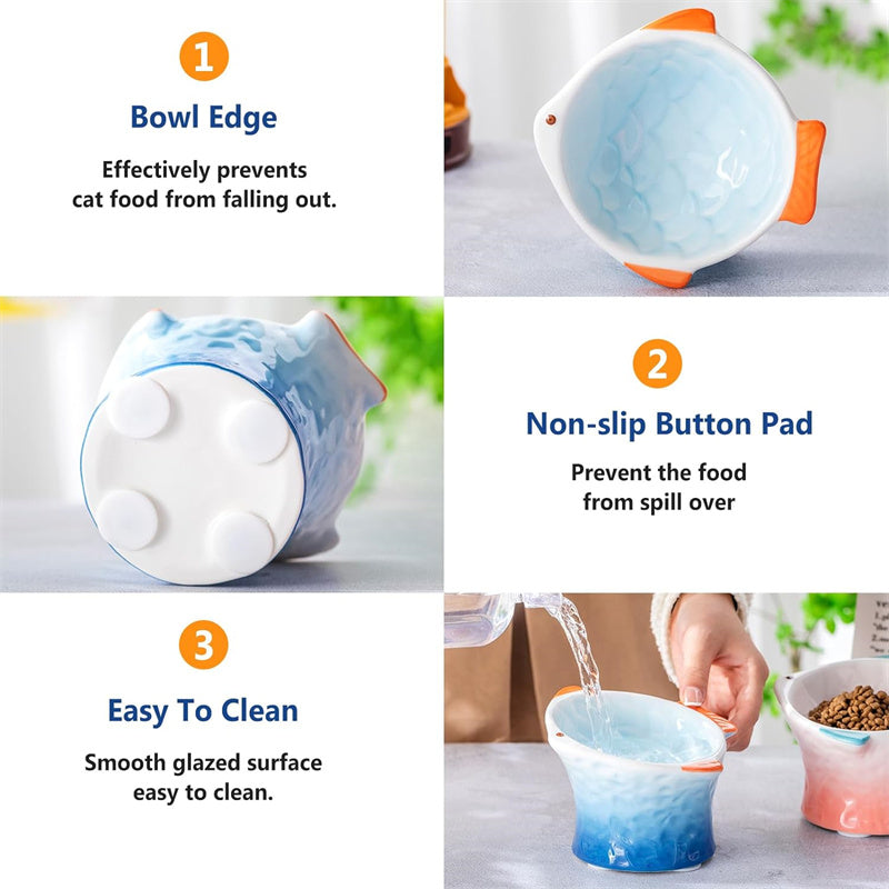 Raised Ceramic Cat Bowl – Cute Fish-Shaped Elevated Food & Water Bowl