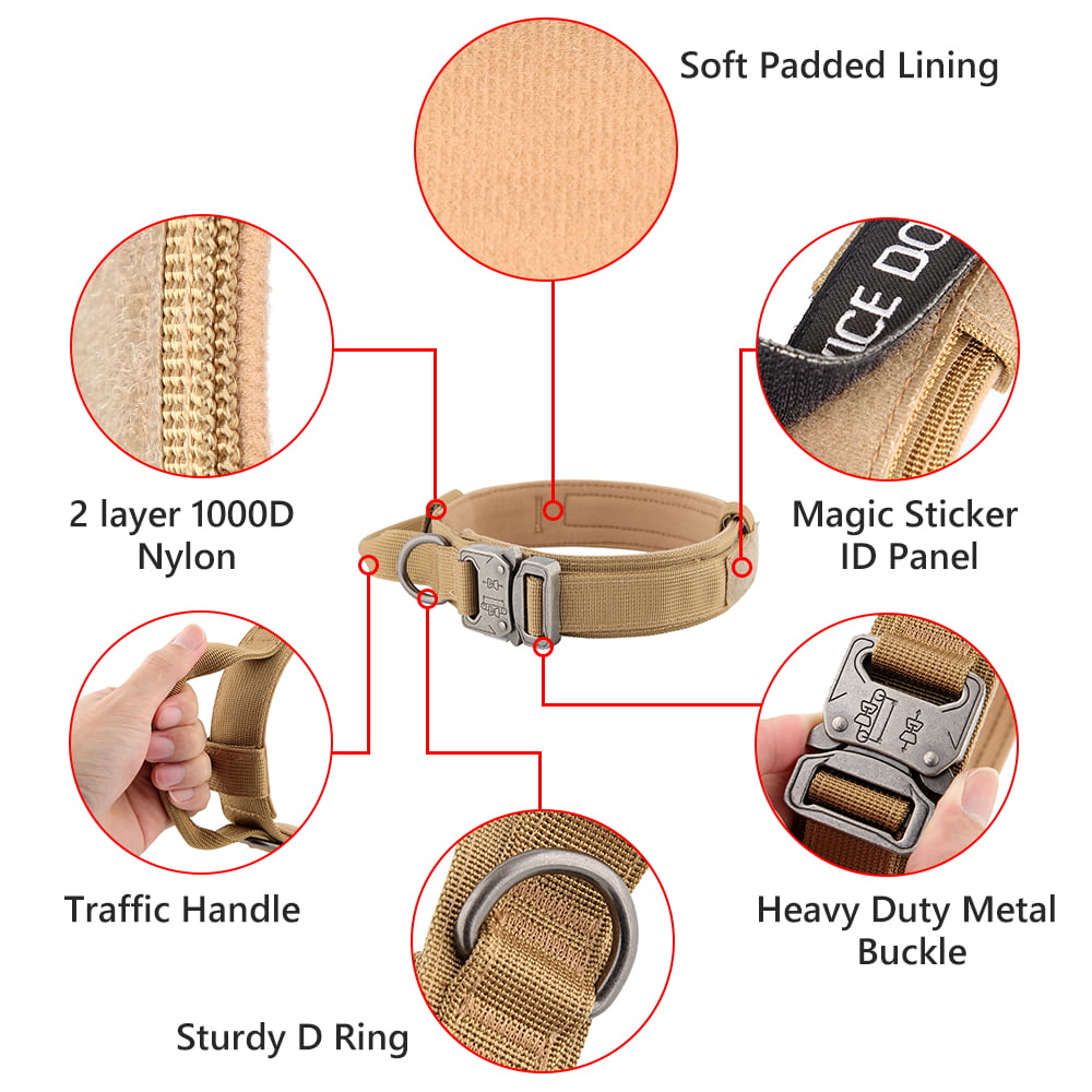 Plutus Pet Tactical Dog Collar， Soft Padded， Adjustable With Heavy Duty Metal Buckle， Military Dog Collar With Control Handle For Medium Large and Extra Large Dogs (L， Brown Set)