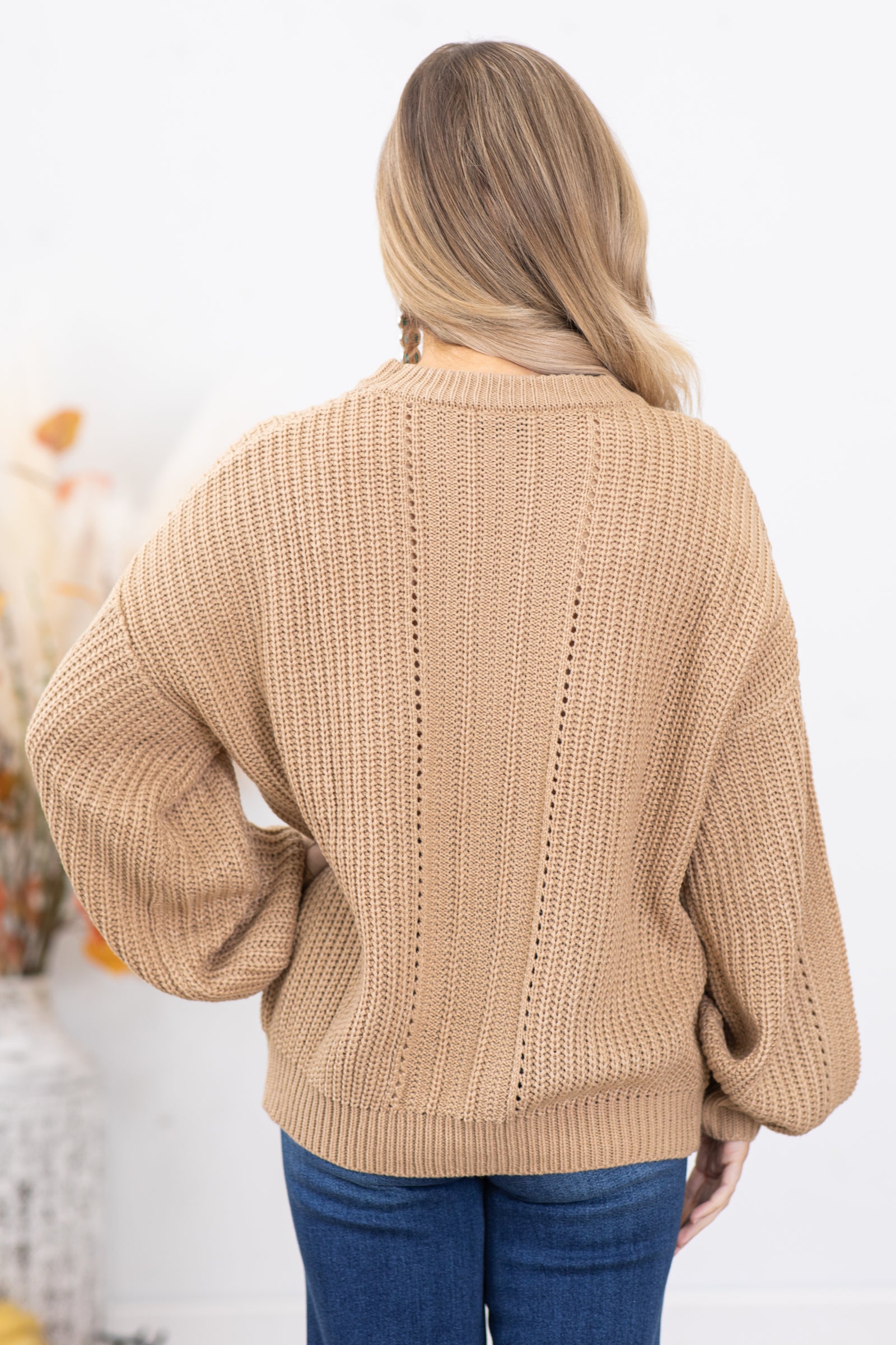 Tan Ribbed Sweater With Fishnet Detail