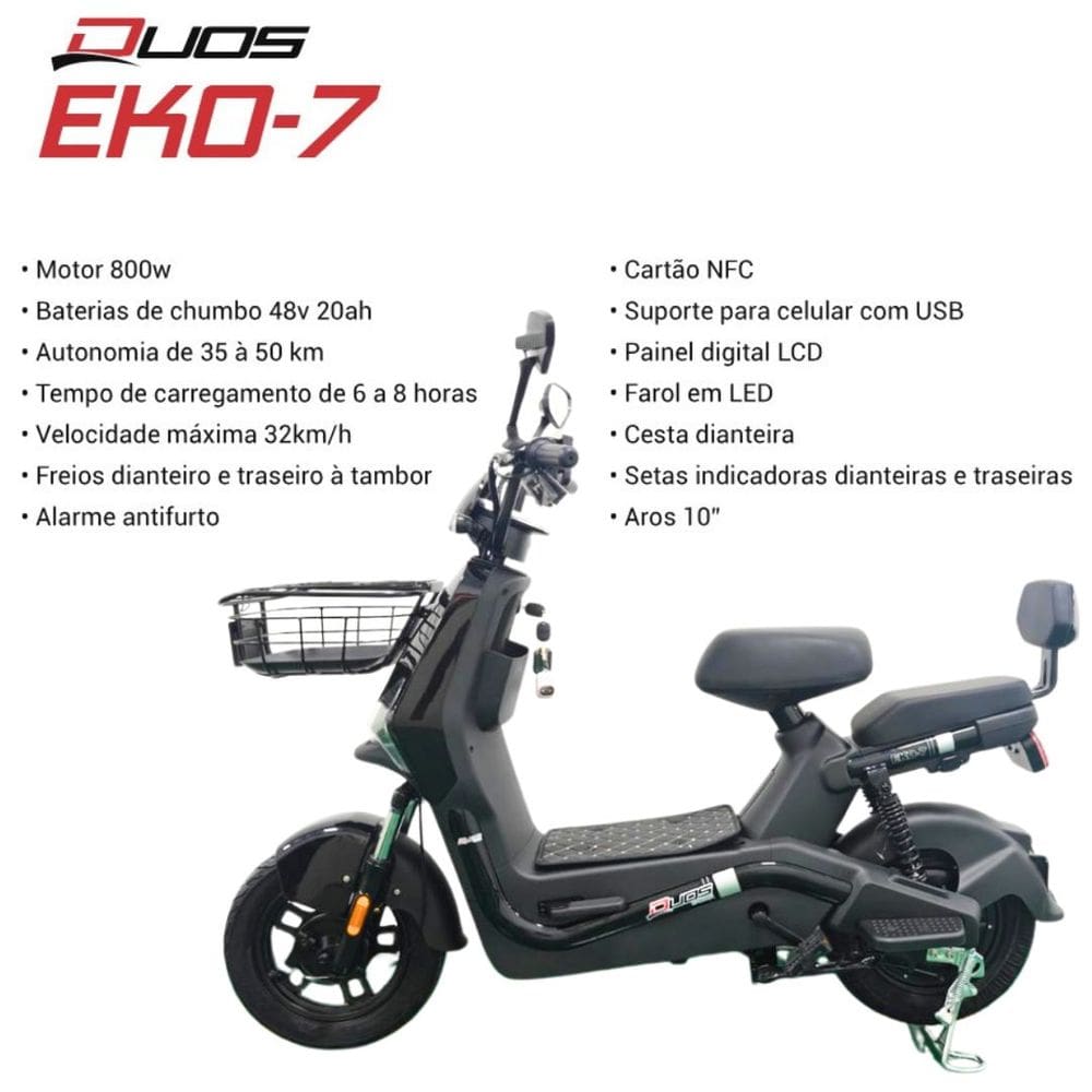 Bicicleta Scooter Elétrica 800W Eko-7 Alarme Entrada USB Duos Preto
