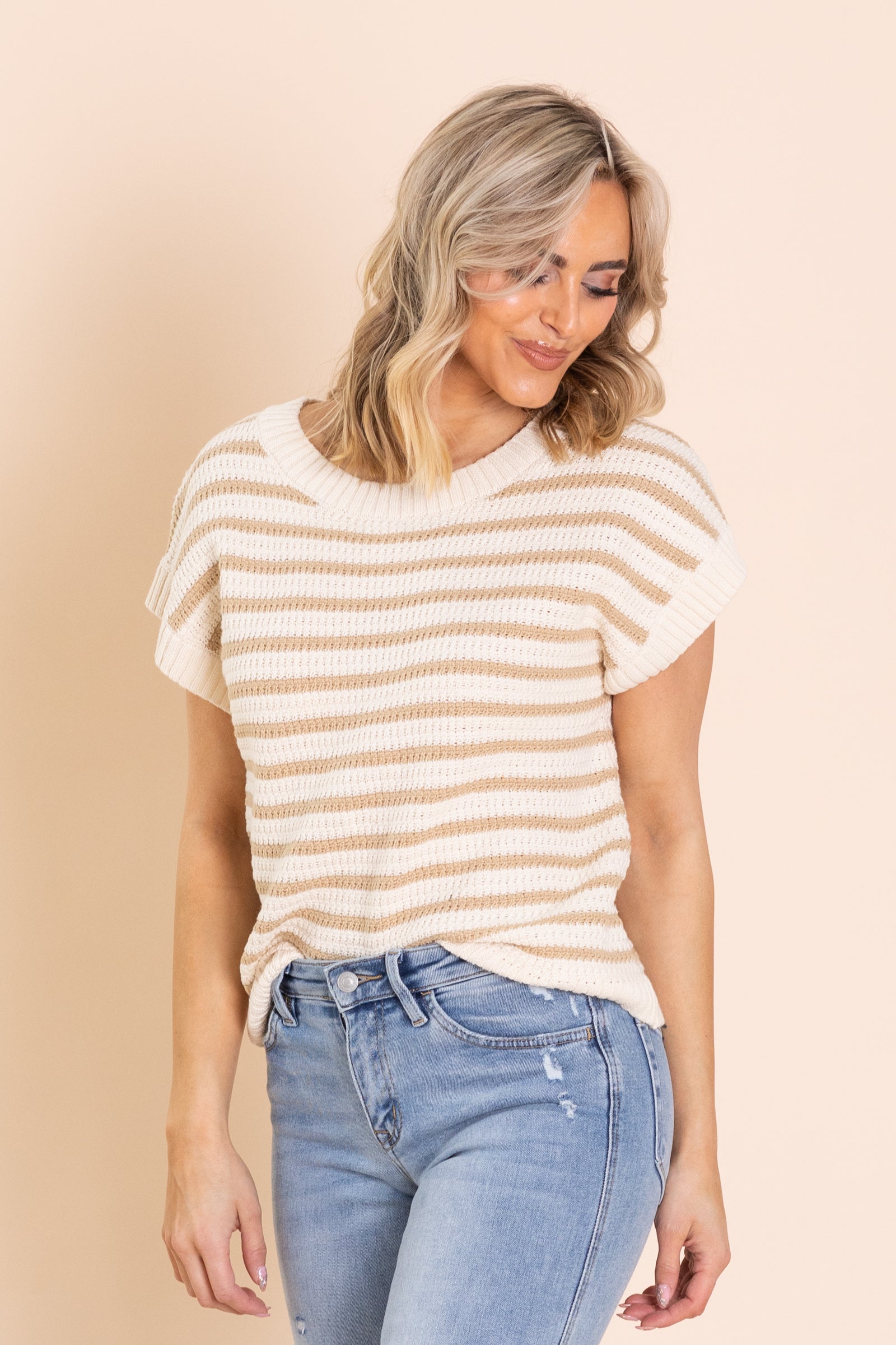 Tan Stripe Lightweight Short Sleeve Knit Top