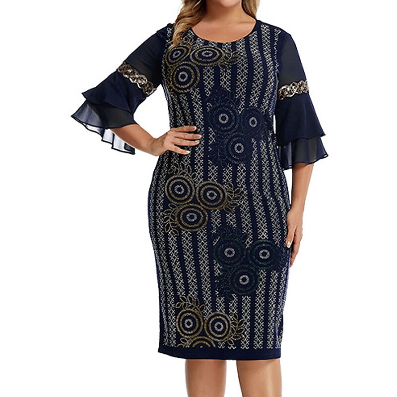 Women's Plus Size Holiday Dress Floral Crew Neck Ruffle Vintage Dress