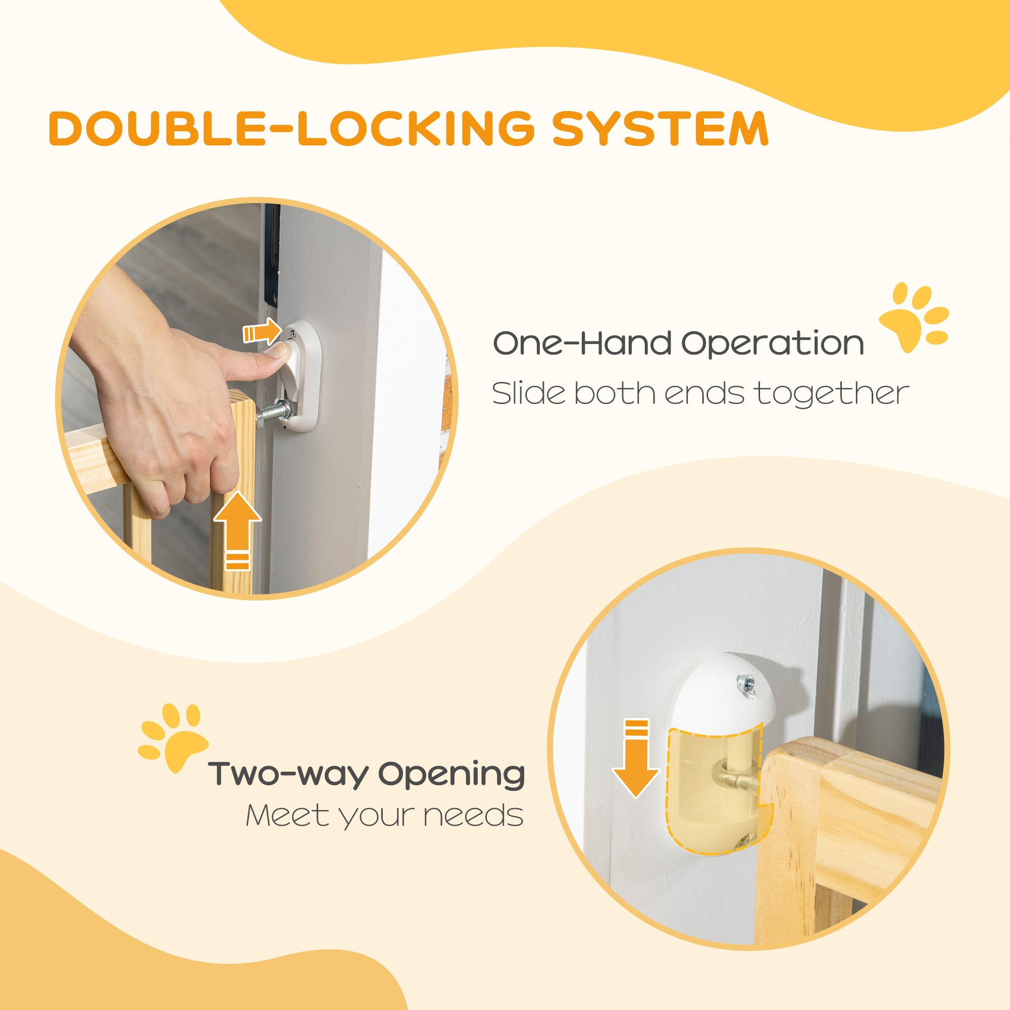 PawHut Double-Sealing Easy-Open Retractable Dog Gate for Stairs， Hallways， and Doorways， Medium Wooden Dog Gate， Walk Through Pet Gate for Small Dogs