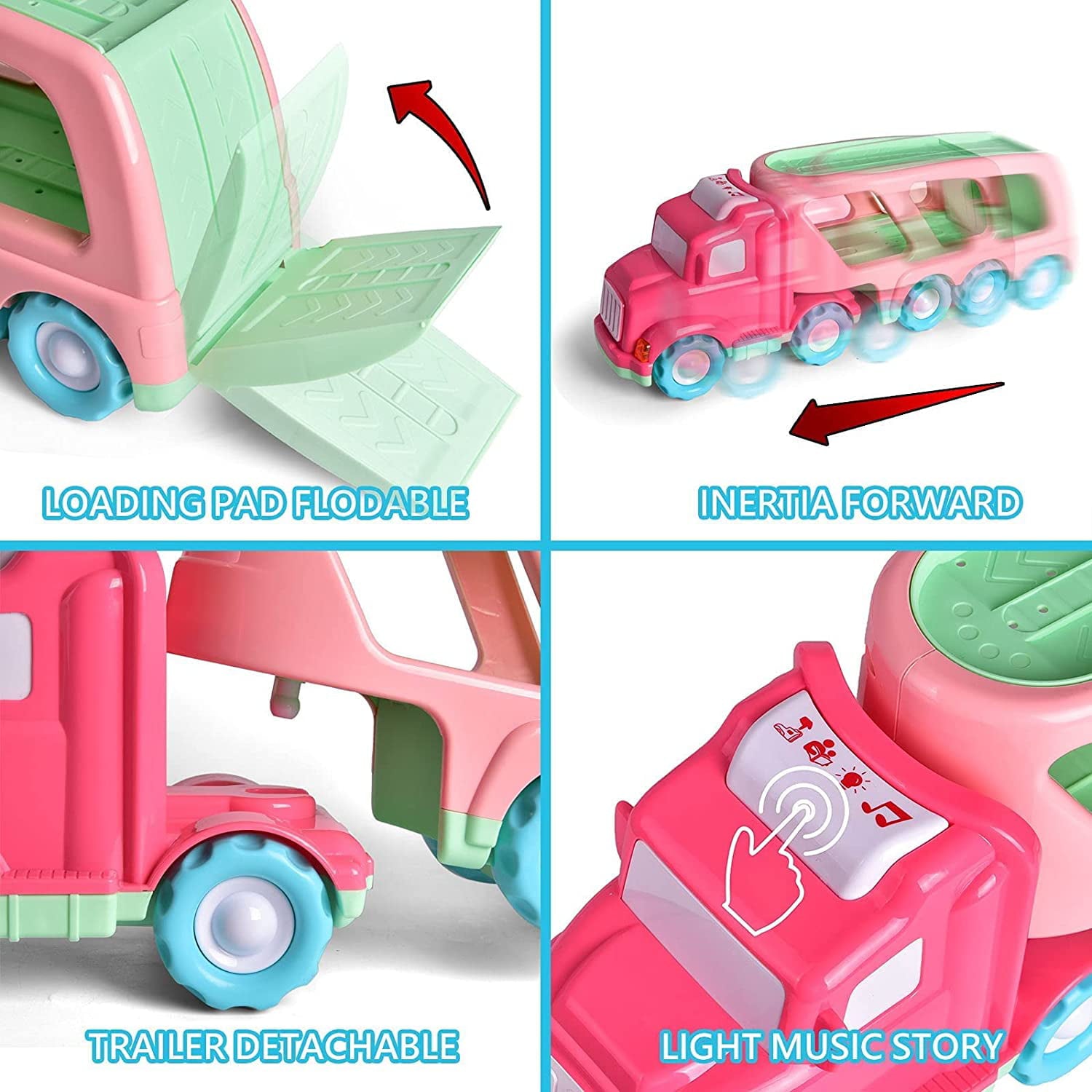 Fun Little Toys Cartoon Vehicles Car Carrier Truck Pink Toy for Girls with Lights and Sounds， Toys for 2 3 4 Year Old Girls， 5 in 1 Push and Go Trailer