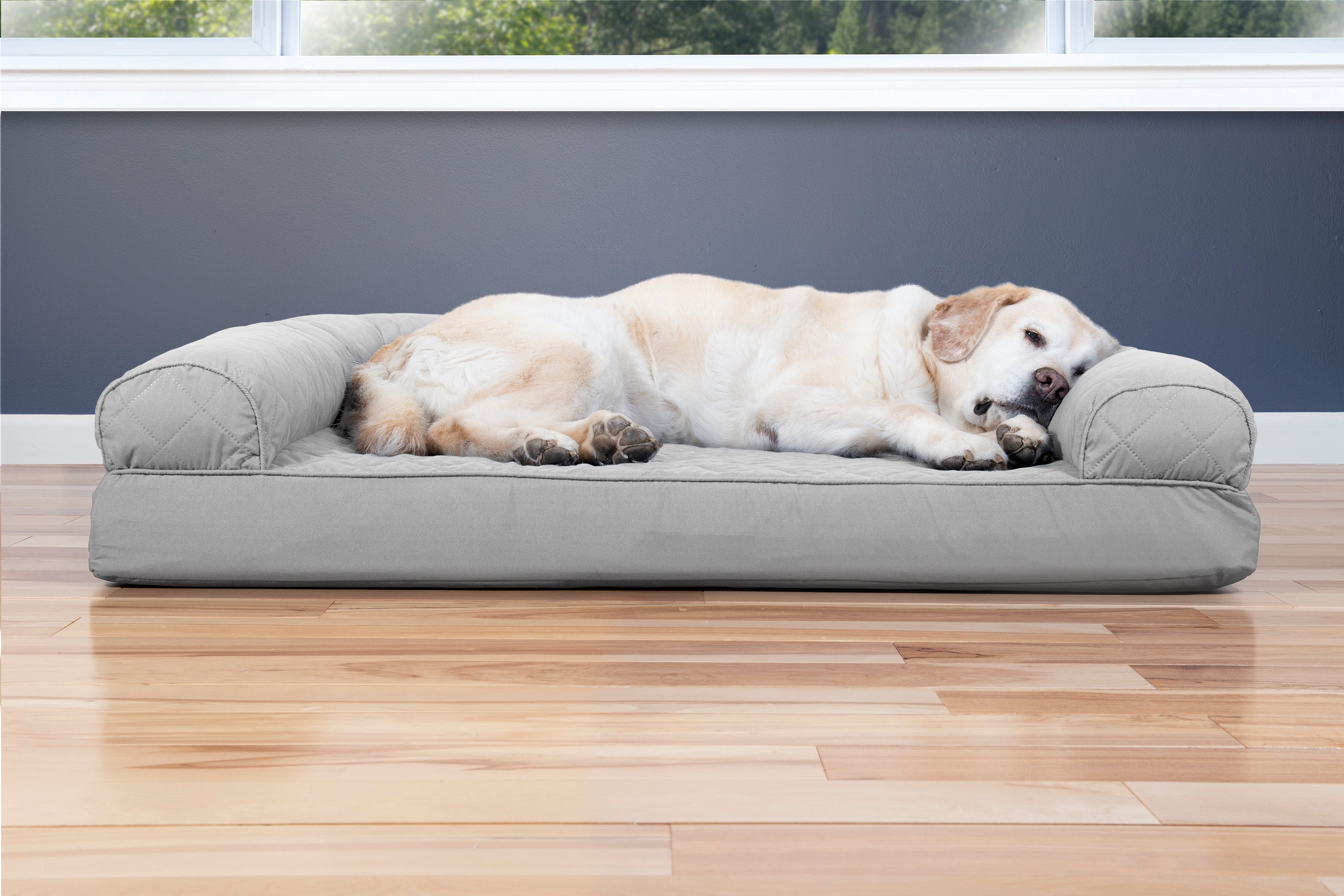 FurHaven Pet Dog Bed | Cooling Gel Memory Foam Orthopedic Quilted Sofa-Style Couch Pet Bed for Dogs and Cats， Silver Gray， Jumbo