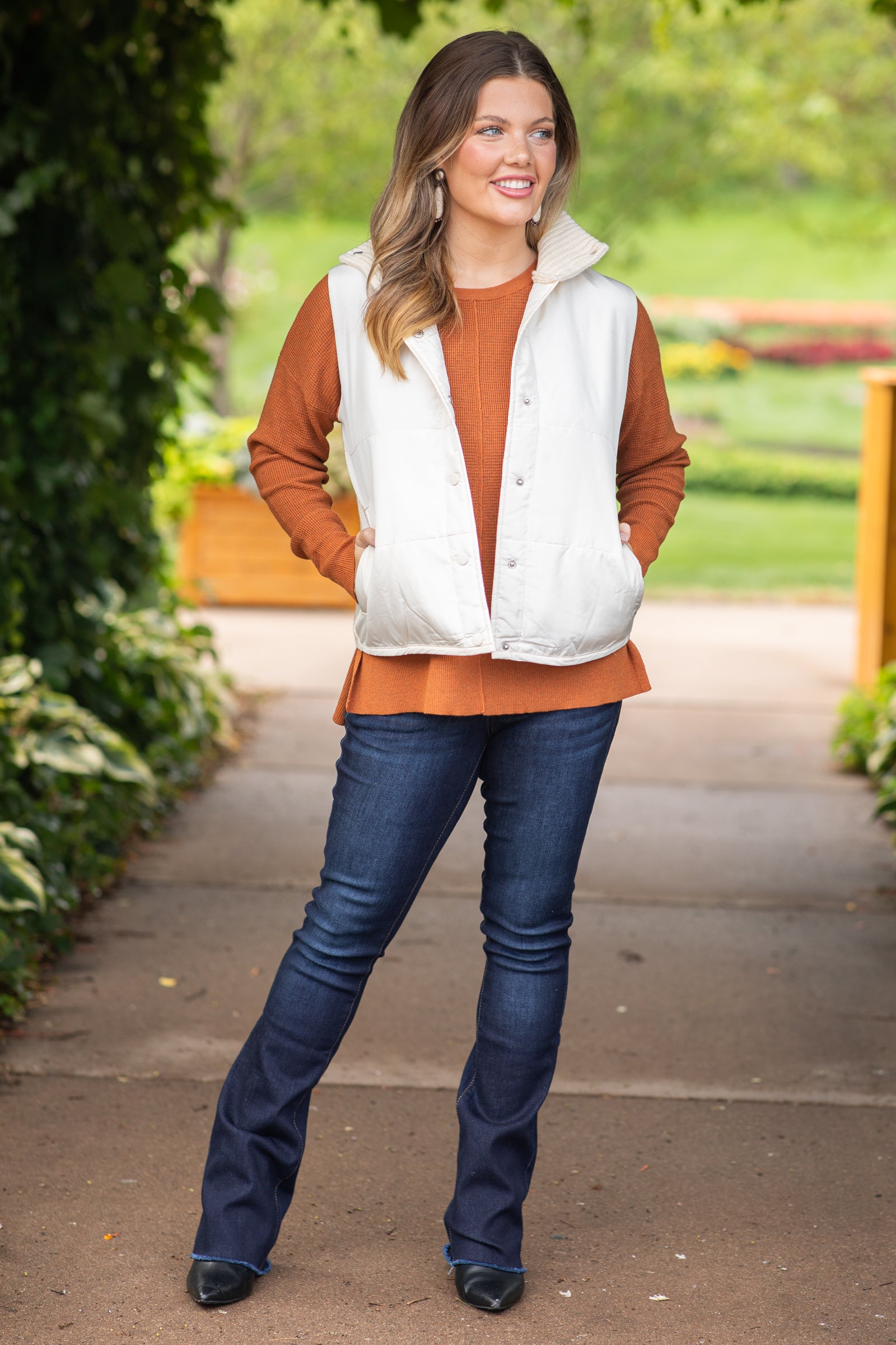 Cream Snap Front Vest With Sweater Back