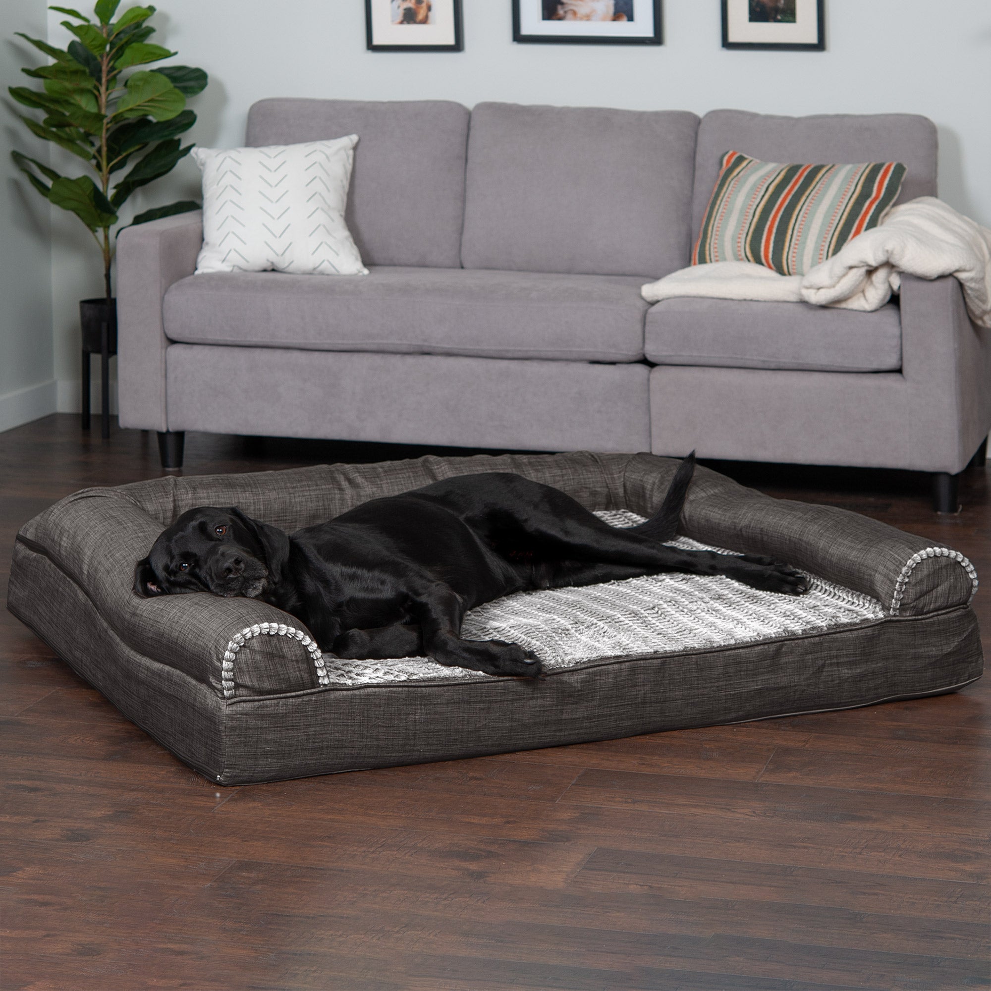 FurHaven | Orthopedic Luxe Fur and Performance Linen Sofa Pet Bed for Dogs and Cats， Charcoal， Jumbo Plus