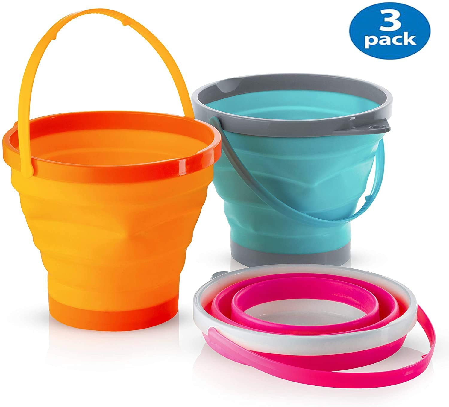 ToyZe∩┐╜ Foldable 10" Pail Buckets Silicone Collapsible Buckets Multi Purpose 5 Liter, 1.5 Gallons (Pack of 3)