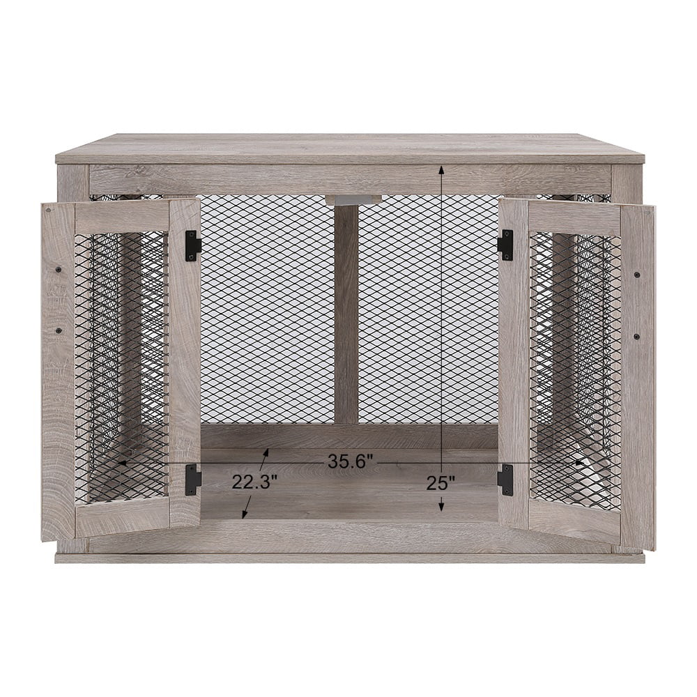 Unipaws Dog Crate Furniture with Cushion and Tray， Wooden and Metal Dog Kennels， Medium Pet Kennel End Table Indoor