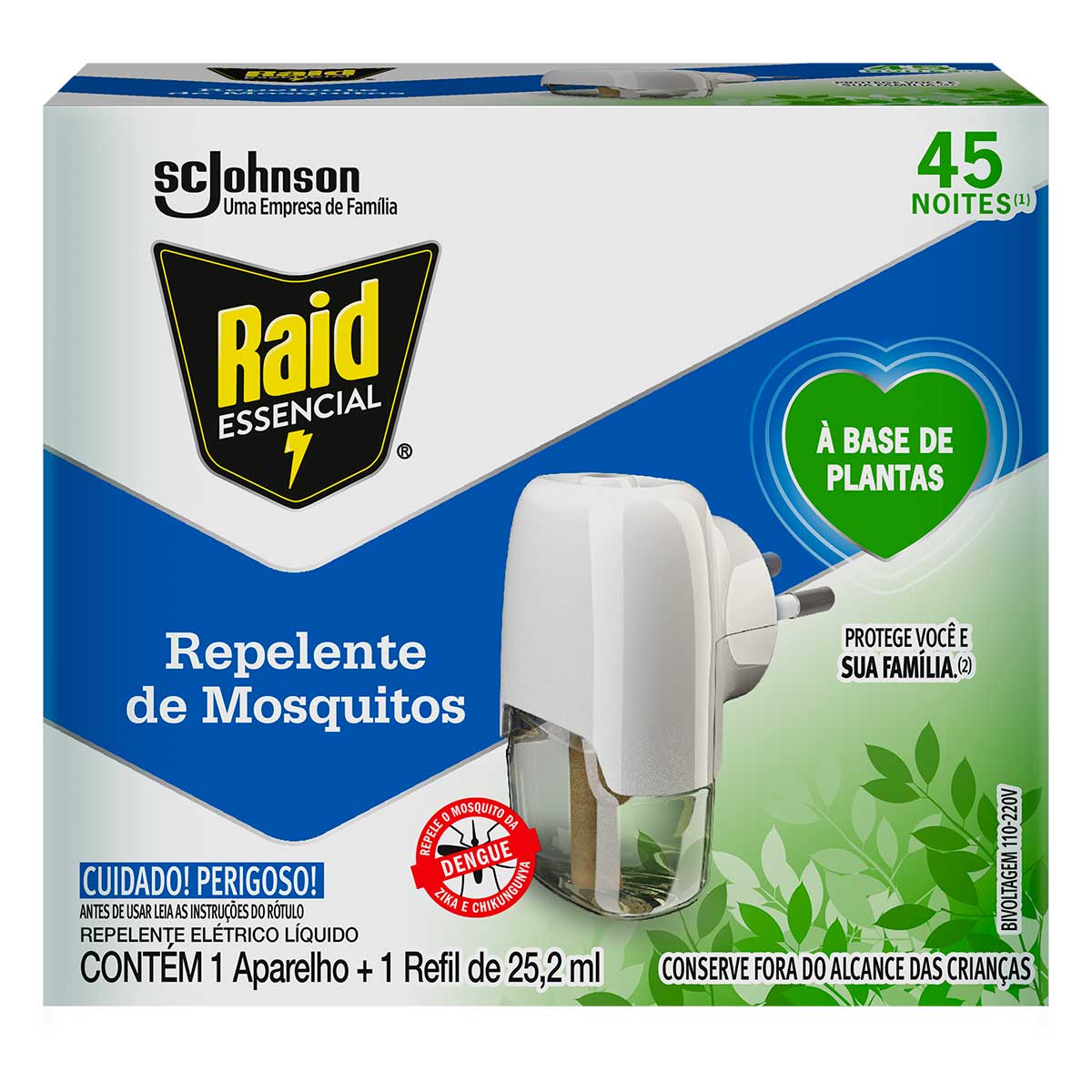 Kit Aparelho Eletrico + Refil Repelente Liquido 45 Noites a Base de Plantas Raid Essencial 25,2ml