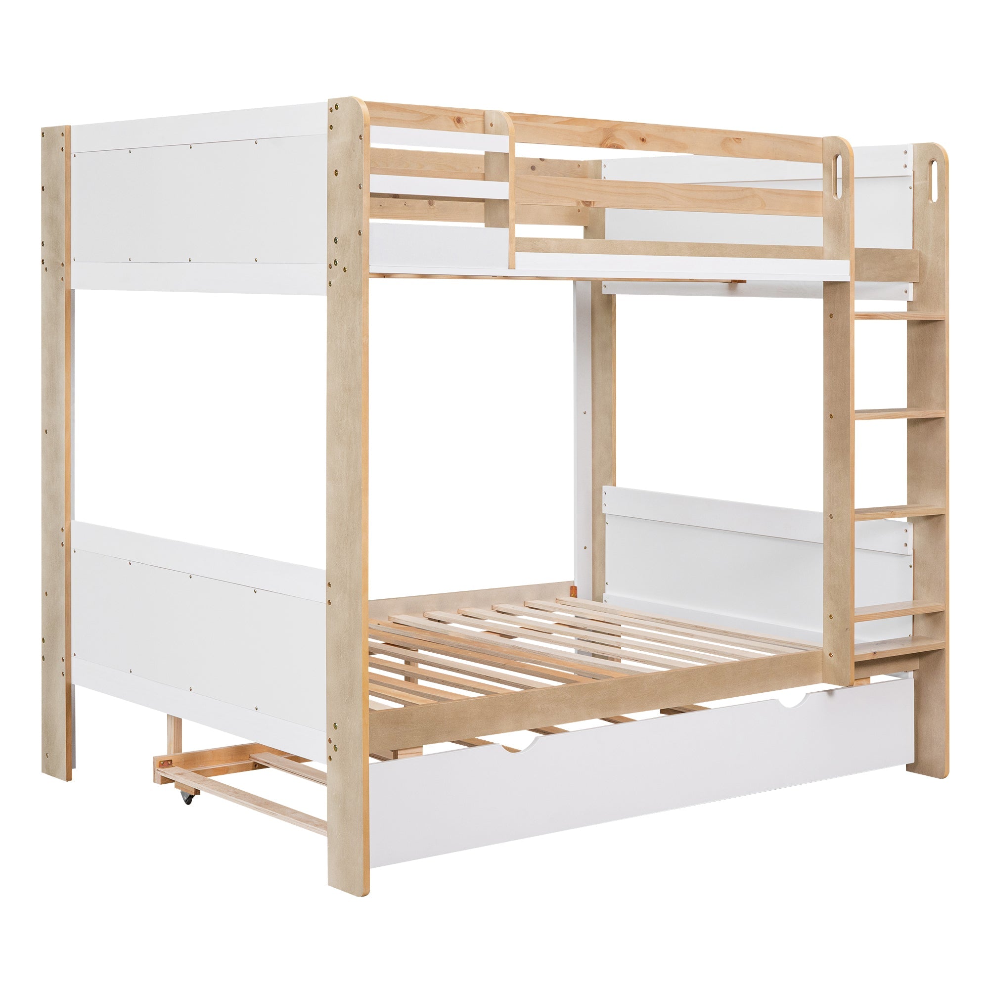 Full over Full Bunk Bed with Trundle and Little Shelf for Kids Bedroom, White