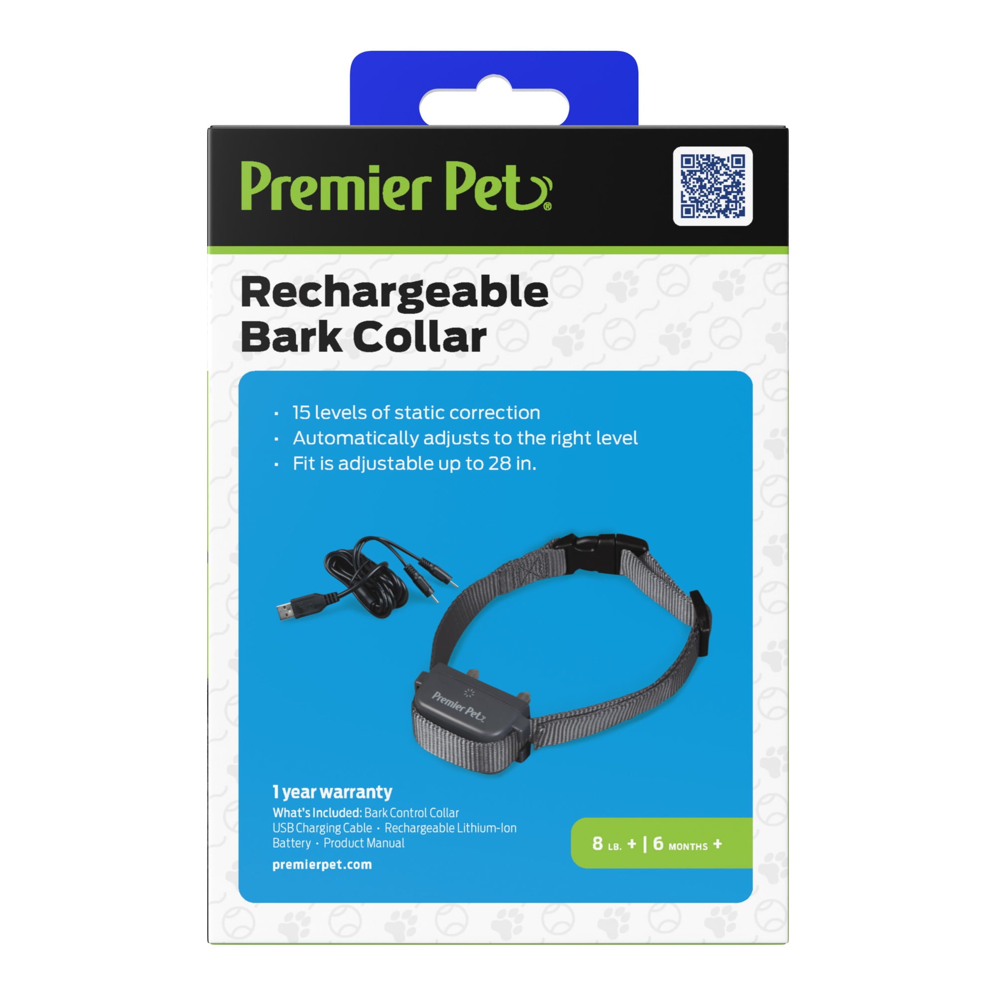 Premier Pet Rechargeable Bark Collar: Discourages Barking and Whining for All Size Dogs， Rechargeable， Adjustable， Waterproof， Gentle Static Correction， Low Battery Indicator， No Programming Required