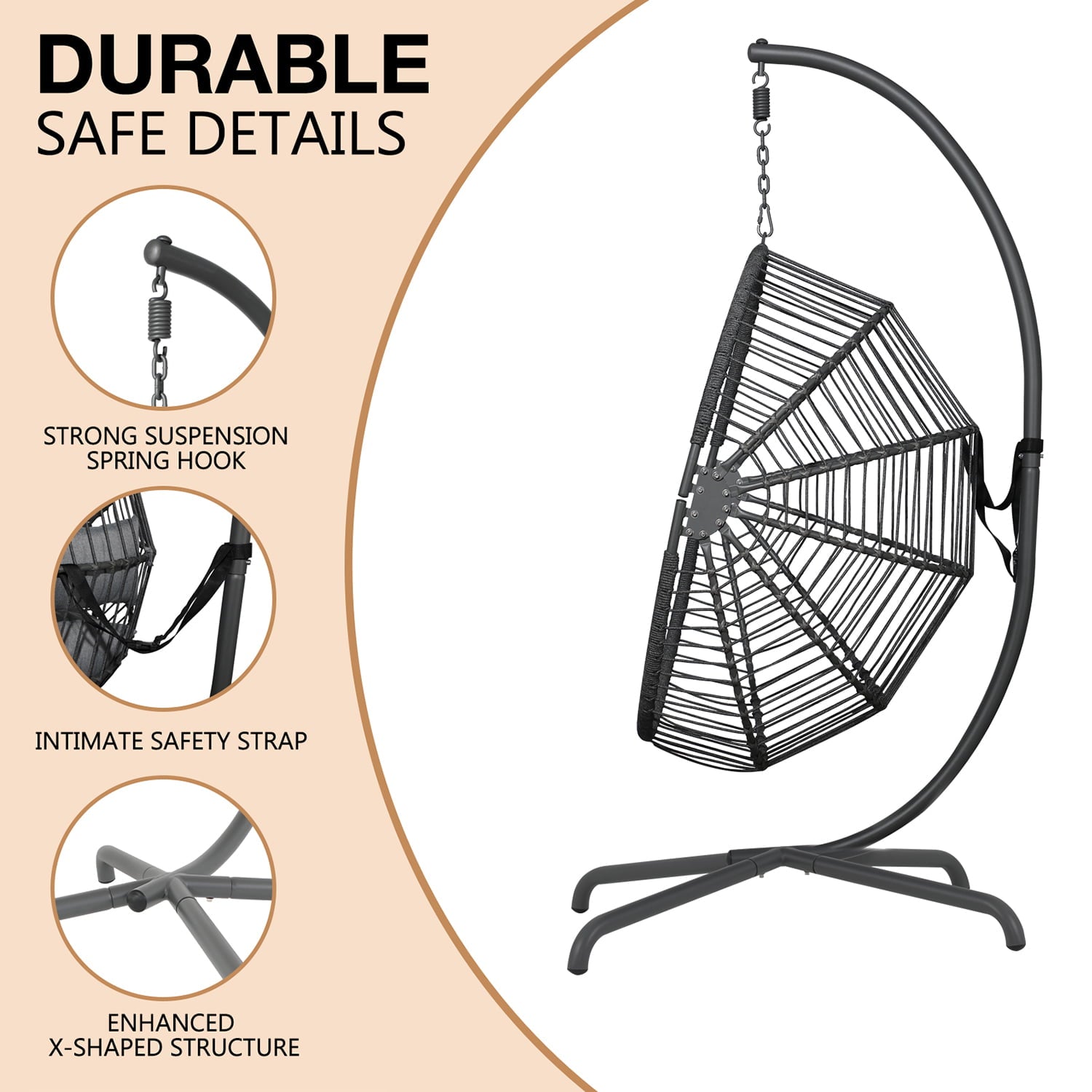 Patio Swing Egg Chair with Stand, Oversized Cocoon-Shaped Hammock Chair with Cushion, Dark Gray