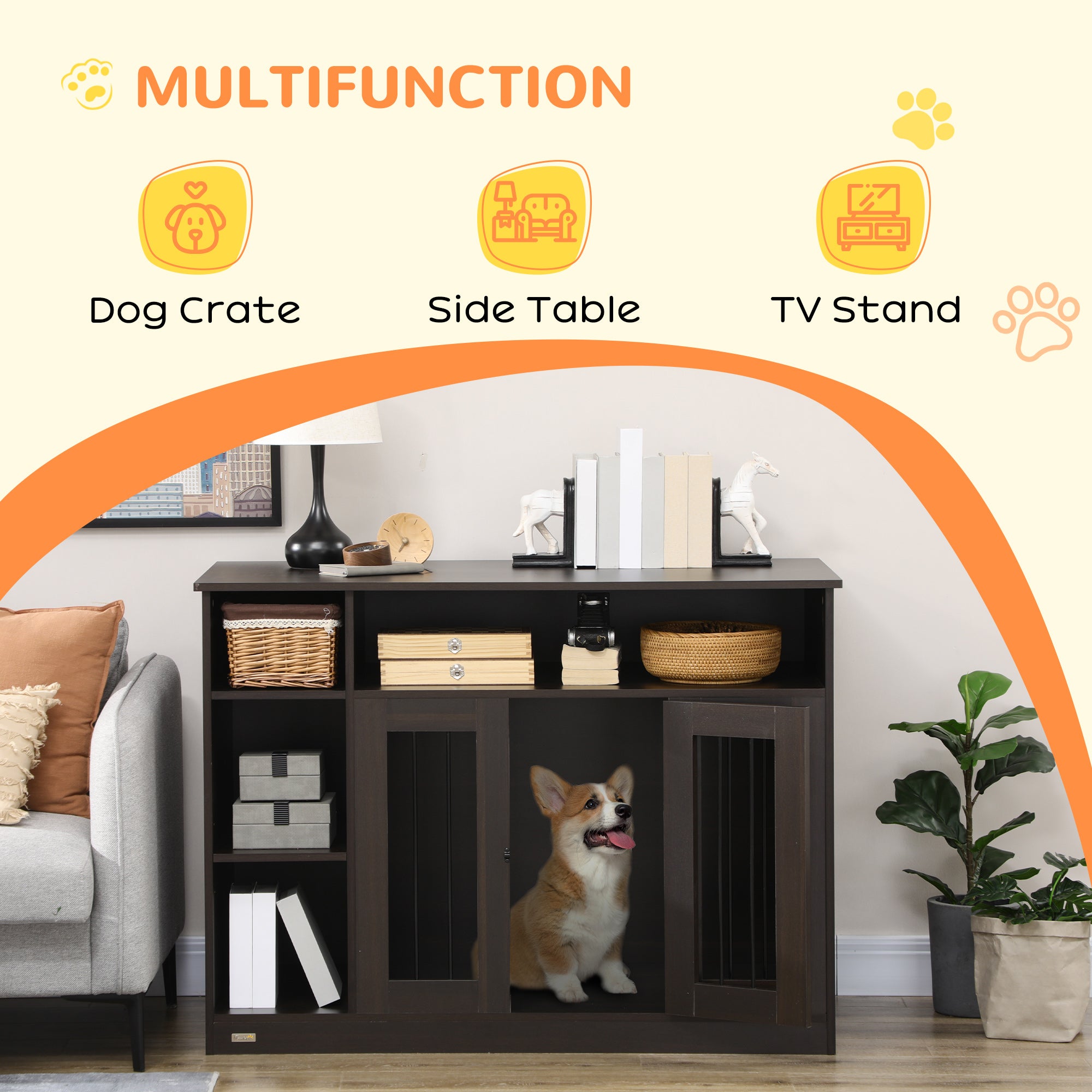 PawHut Dog Crate Furniture with Storage Space， Dog Kennel with Lockable Door， Pet Cage for Large Medium Dogs， 47