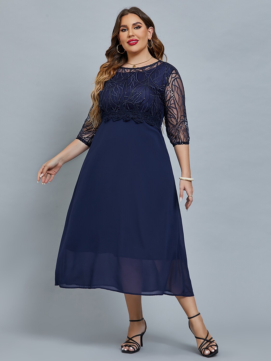Women's Plus Size Curve Party Dress Floral Crew Neck Print 3/4 Length Sleeve Fall Spring Elegant Prom Dress Maxi long Dress Formal Party Dress / Mesh