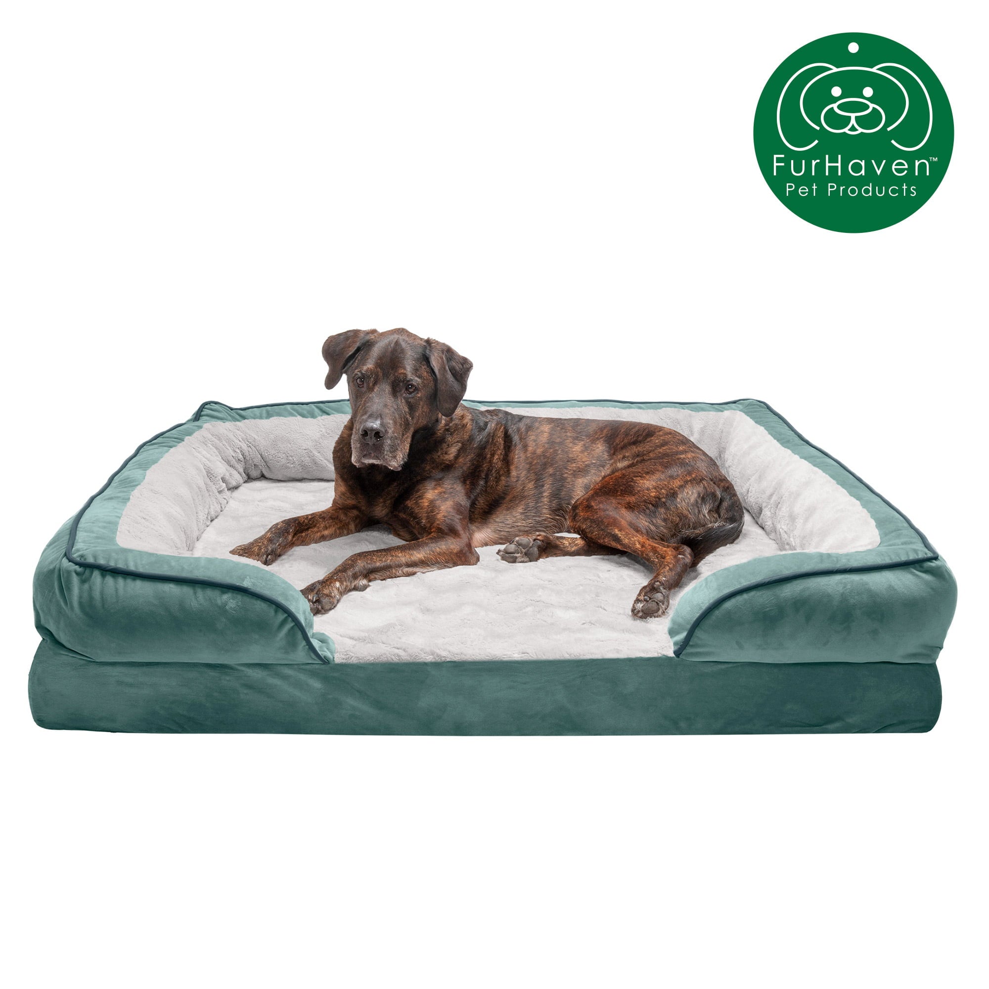 FurHaven Pet Products | Cooling Gel Memory Foam Orthopedic Perfect Comfort Velvet Waves Sofa-Style Couch Pet Bed for Dogs and Cats， Celadon Green， Jumbo Plus