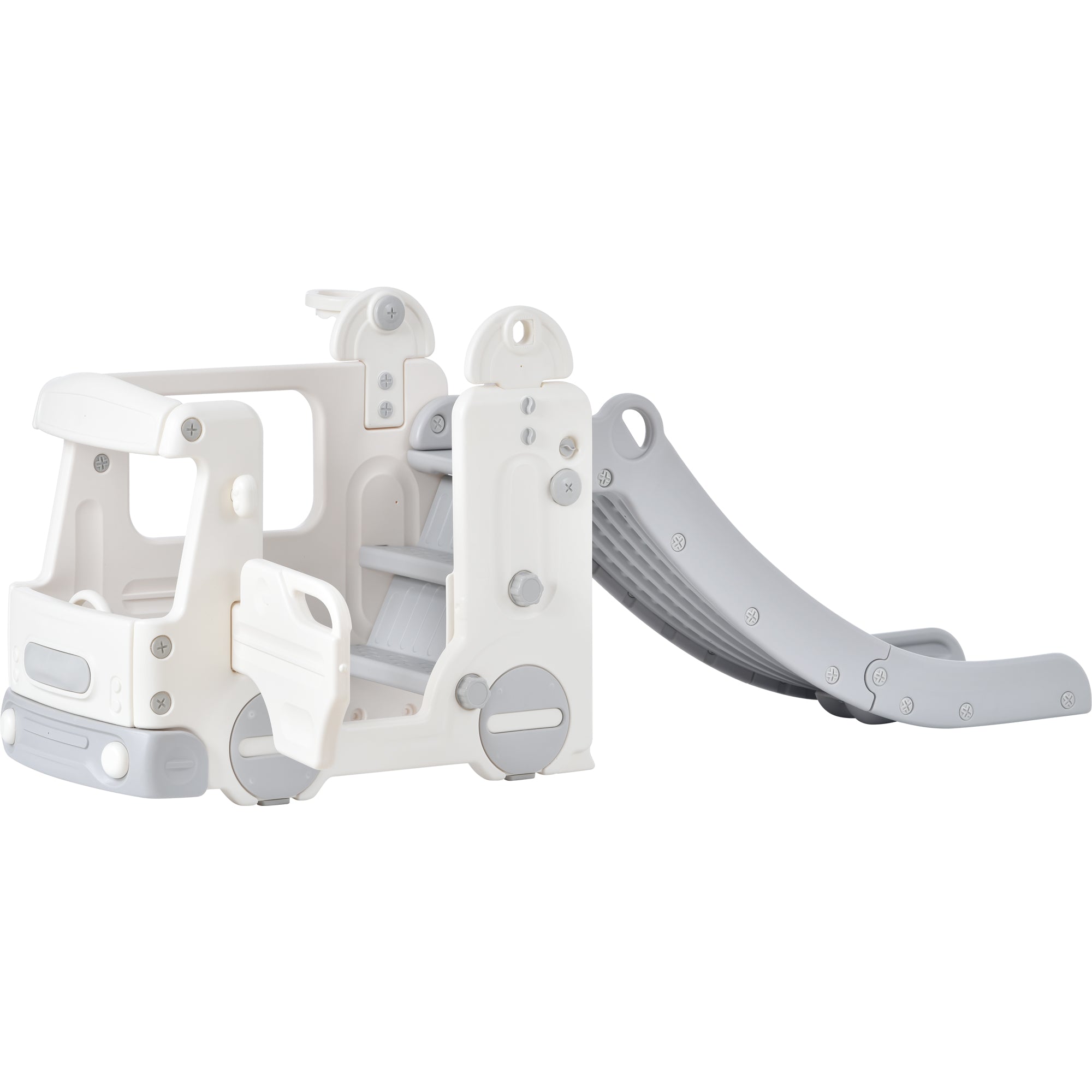 Kids Slide Playground， 4 in 1 Slide with Bus Climber Slide Set with Basketball Hoop Indoor and Outdoor