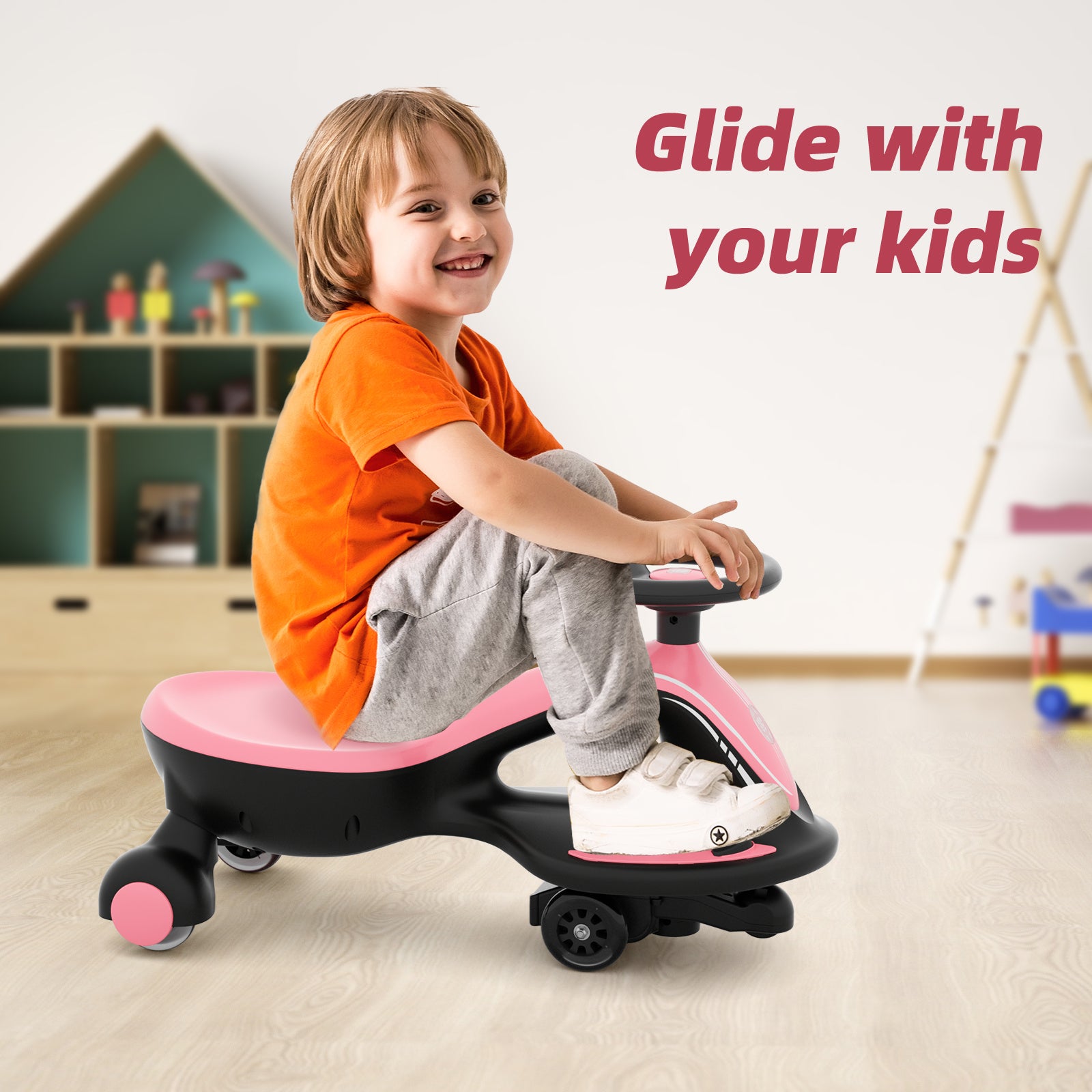 XJD 2 in 1 Electric Pedal and Push Ride On Toy Wiggle Car with Flashing Anti-Rollover Wheel， Adjustable Length and Music for Kids Unisex，Pink