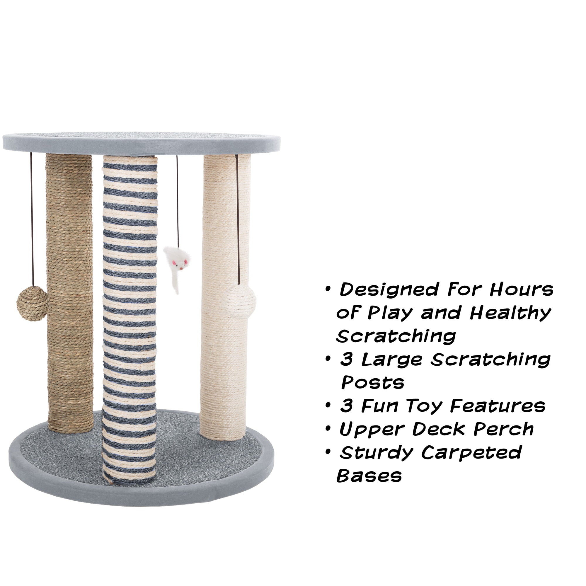 Cat Scratching Post Tower with 3 Posts， 2 Carpeted Perches， Sisal Rope Scratchers for Indoor Cats， Hanging Mouse， and Ball Toys by PETMAKER (Gray)