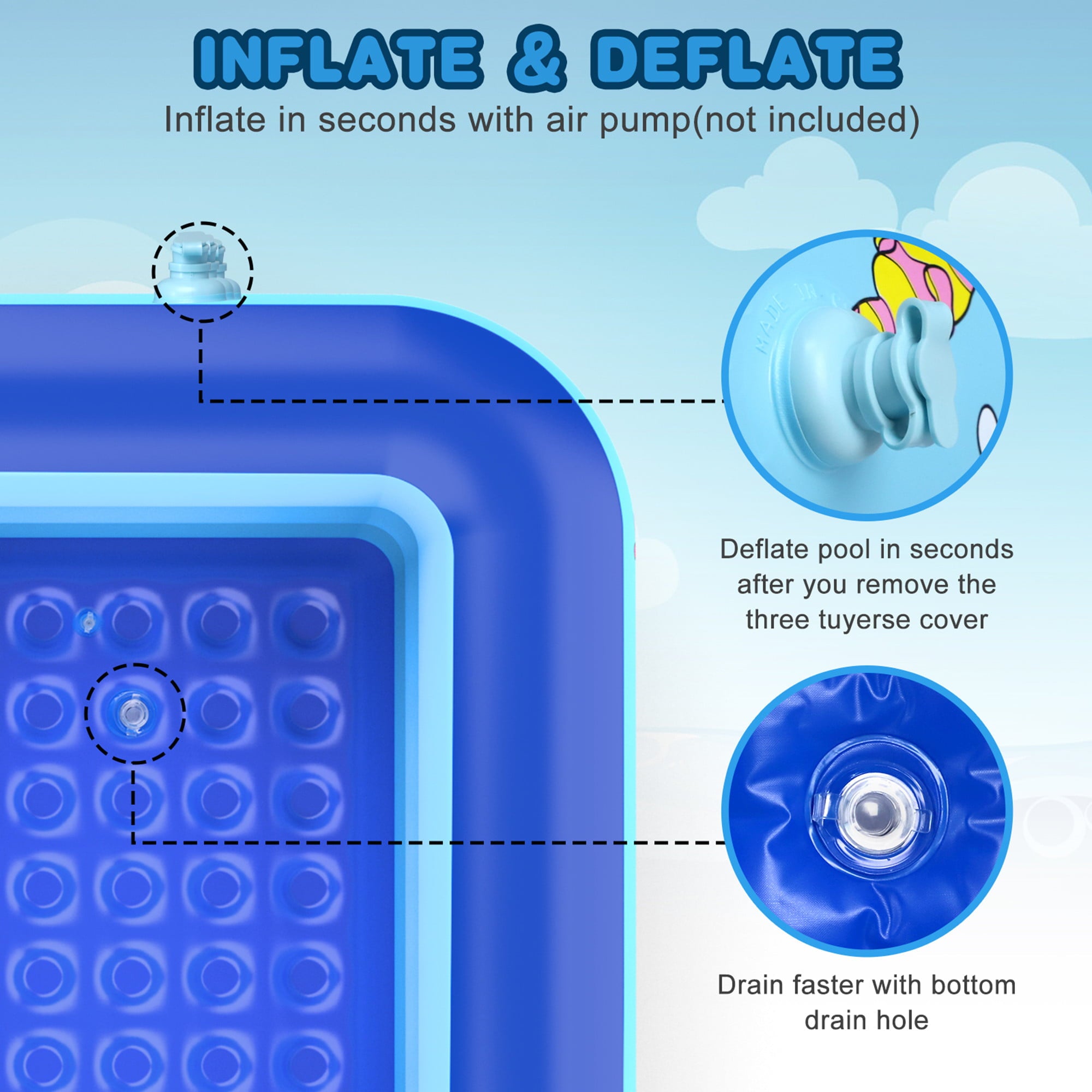 Growsly Summer Pool For Kid 3 Rings Large Inflatable Rectangle Swim Pool， Inflatable Swim Pool， 59