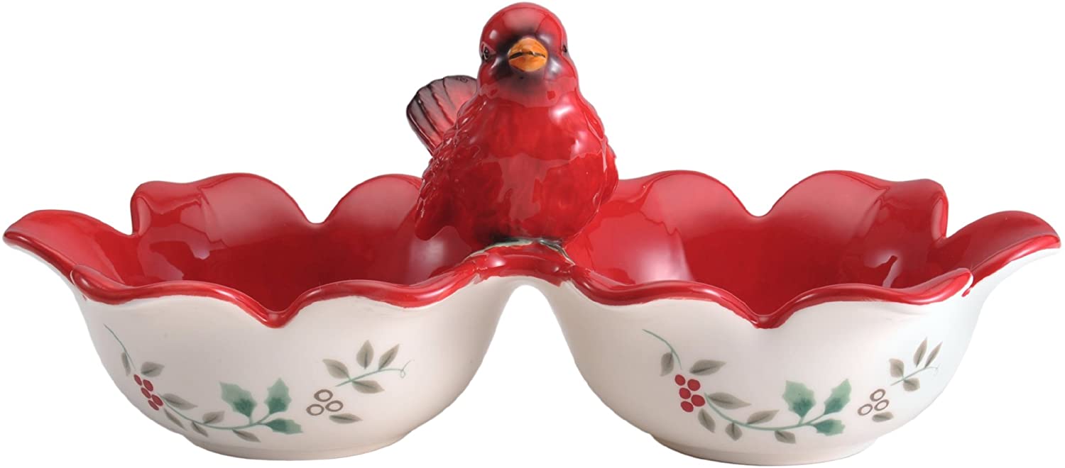 Pfaltzgraff Winterberry 2-Section Serve Bowl with Cardinal Icon