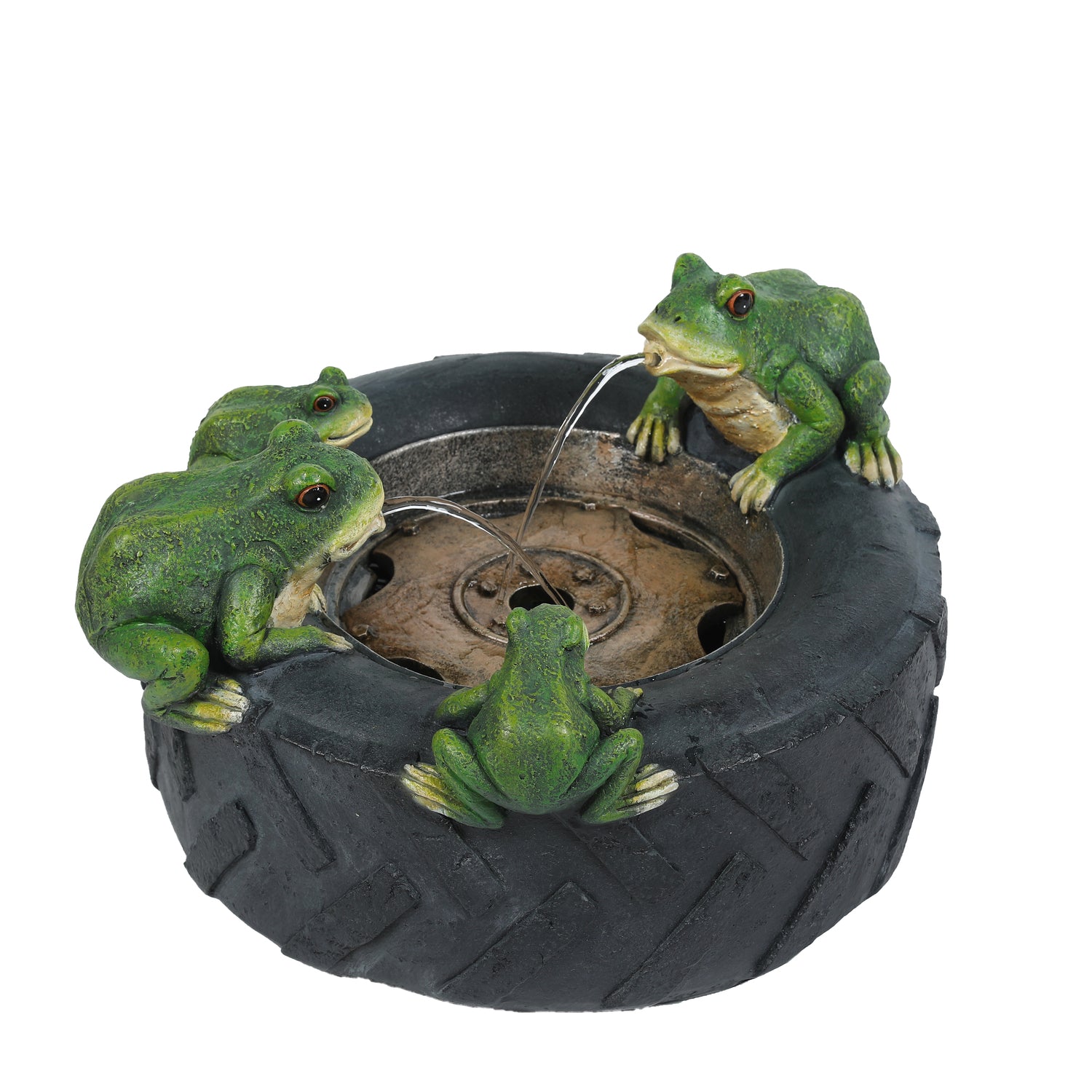 Luxen Home WHF1548 Resin Old Tire Frog Friends Outdoor Fountainand#44; Black