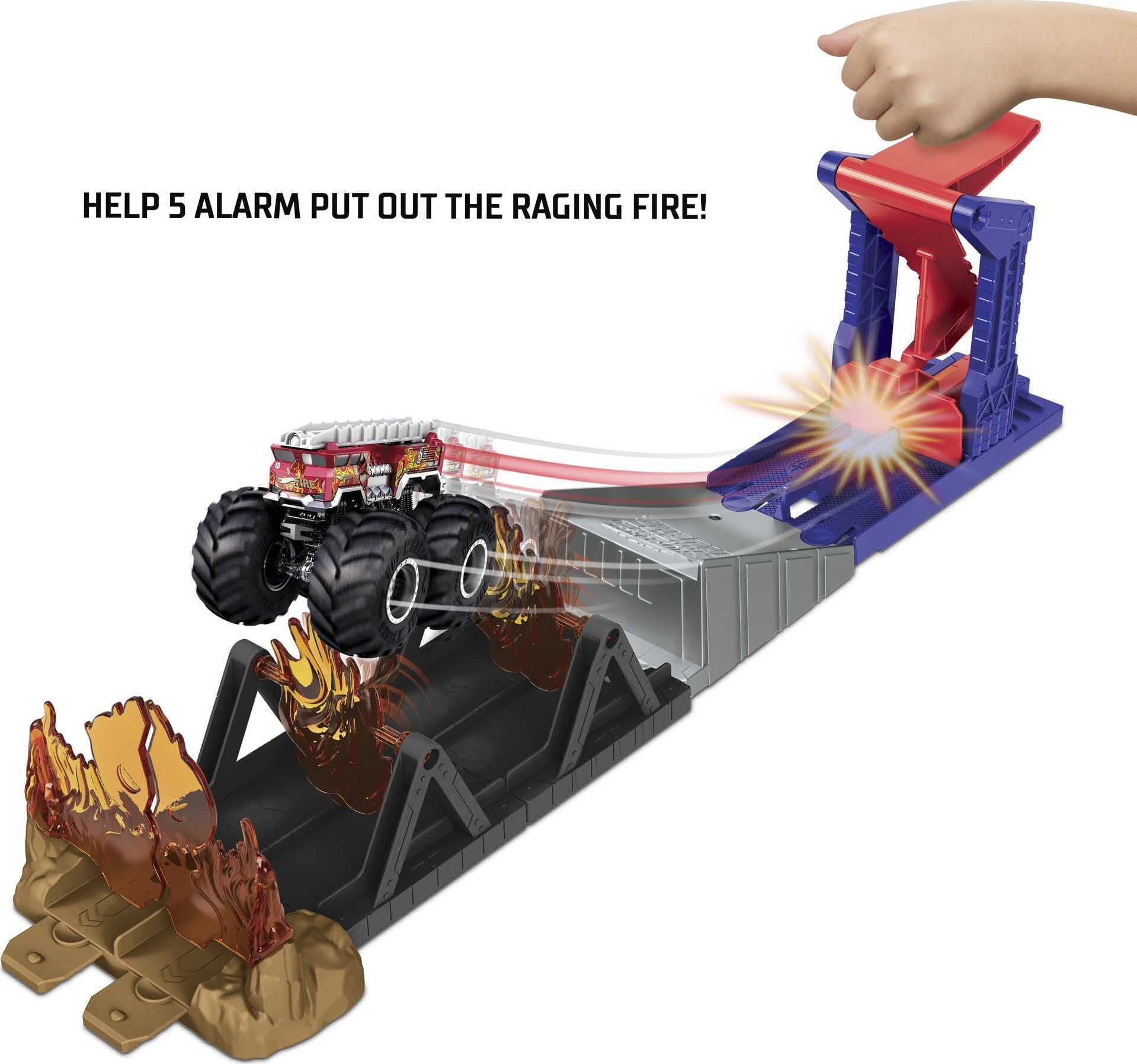 Hot Wheels Monster Trucks Fire Through Playset with 1:64 Scale 5-Alarm Toy Truck and Launcher