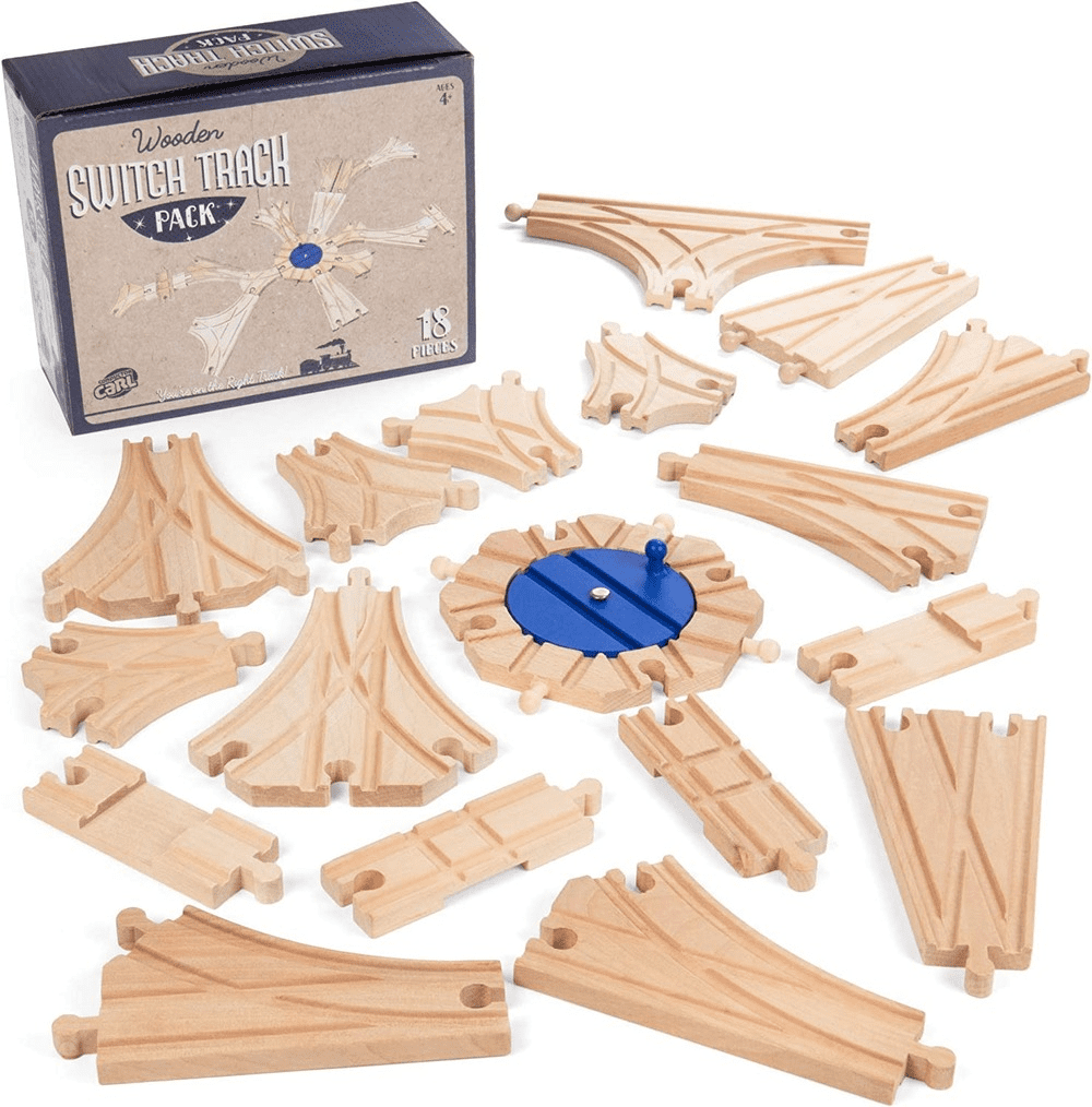 Switch Track Wooden Train Set (18 pcs.) - 8 Way Turntable Rail Station Accessory， Curved Switch Tracks， Basic and Advanced Pieces - Expansion Compatible with All Major Classic Toy Train Hobby Brands