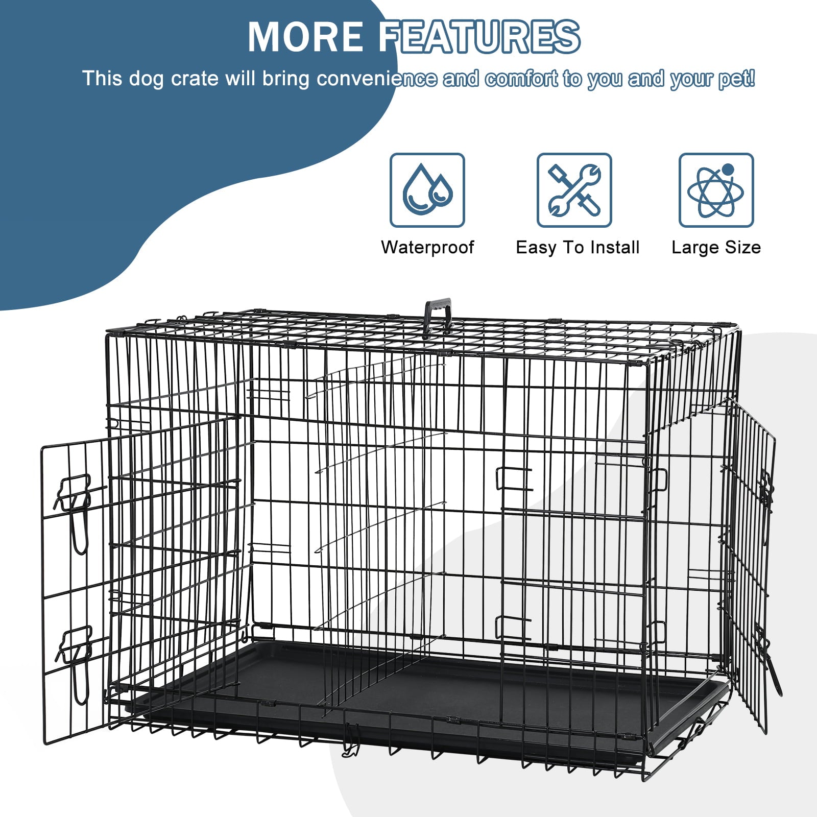 YRLLENSDAN 48 inch Foldable Large Dog Crate for Large Dogs， Metal Wire Dog Cage with Plastic Tray and Handle Double-Door Outdoor Dog Crates and Kennels for Medium dogs