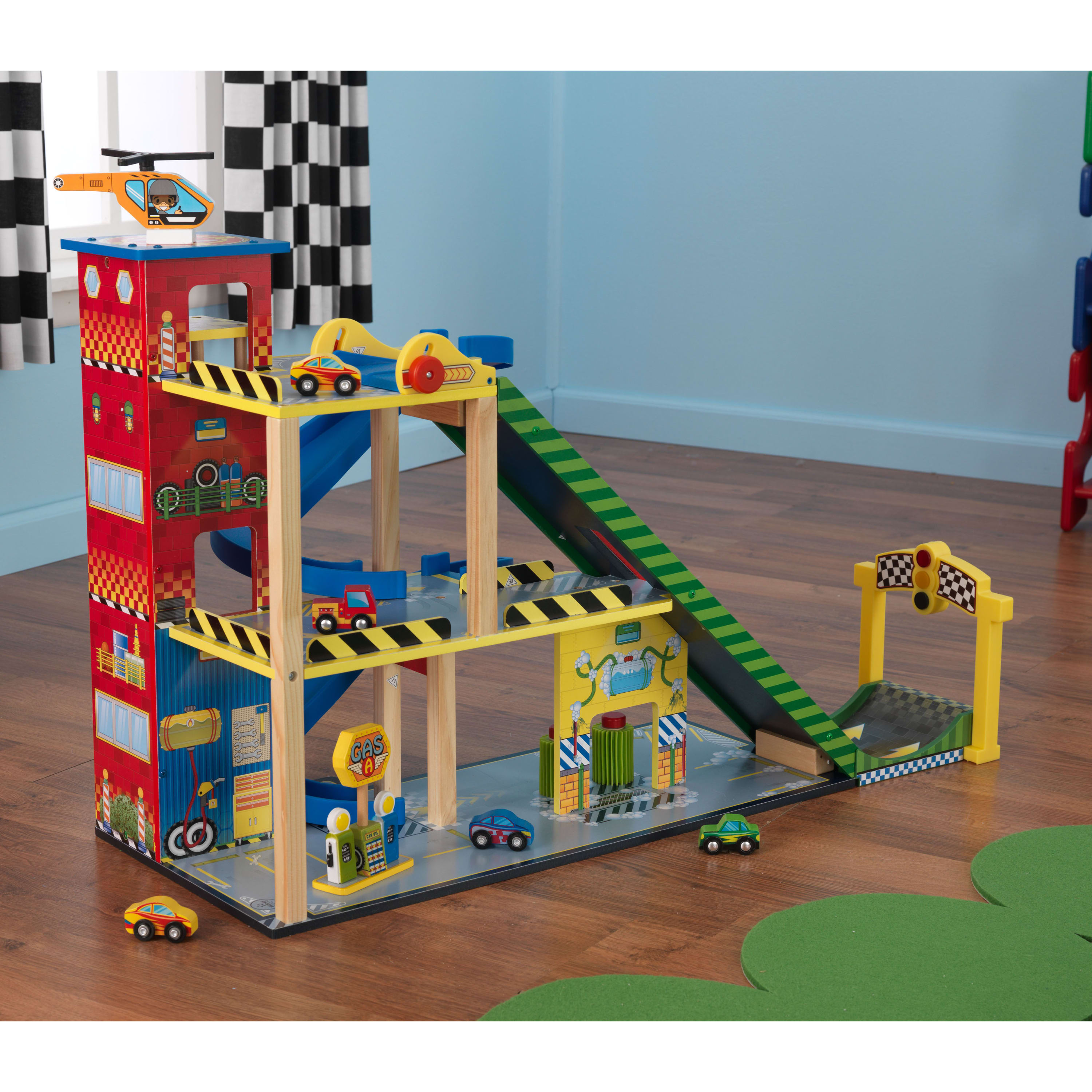 KidKraft Mega Ramp Wooden Racing Play Set with 5 Vehicles. Lights and Moving Elevator