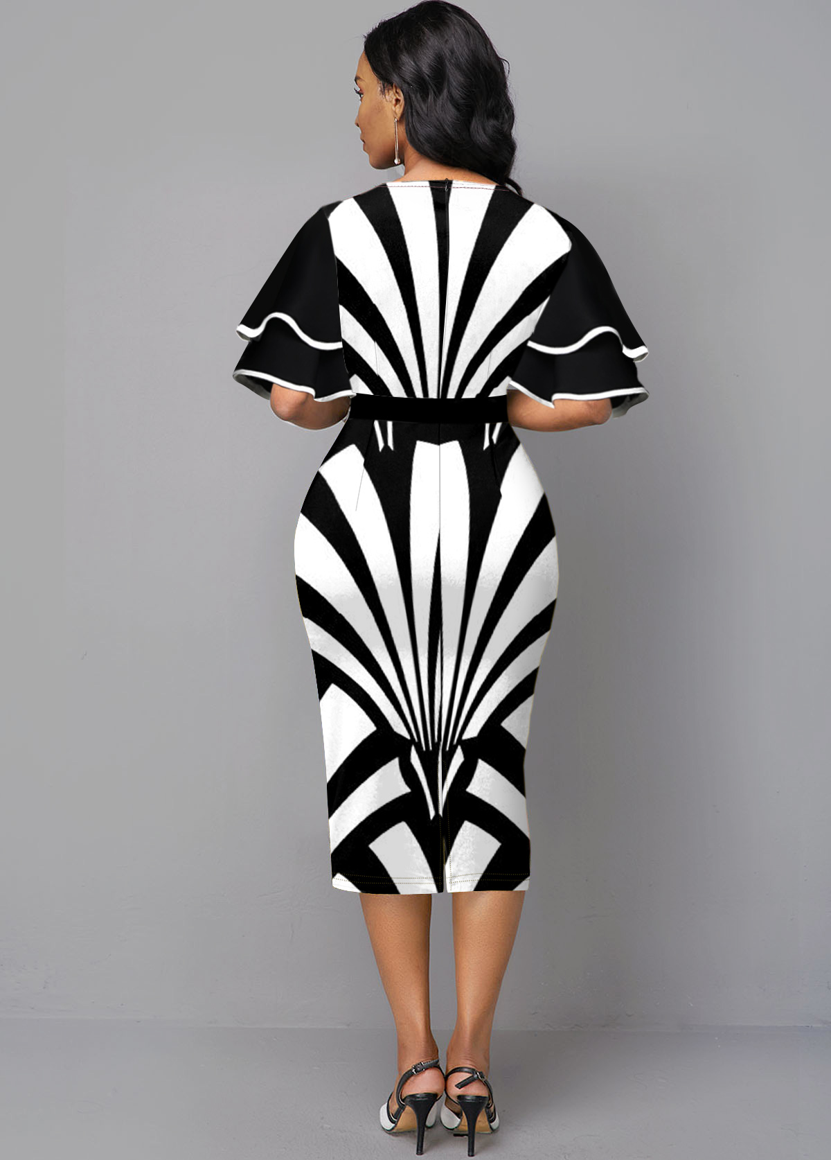 Round Neck Flare Sleeve Color Block Dress