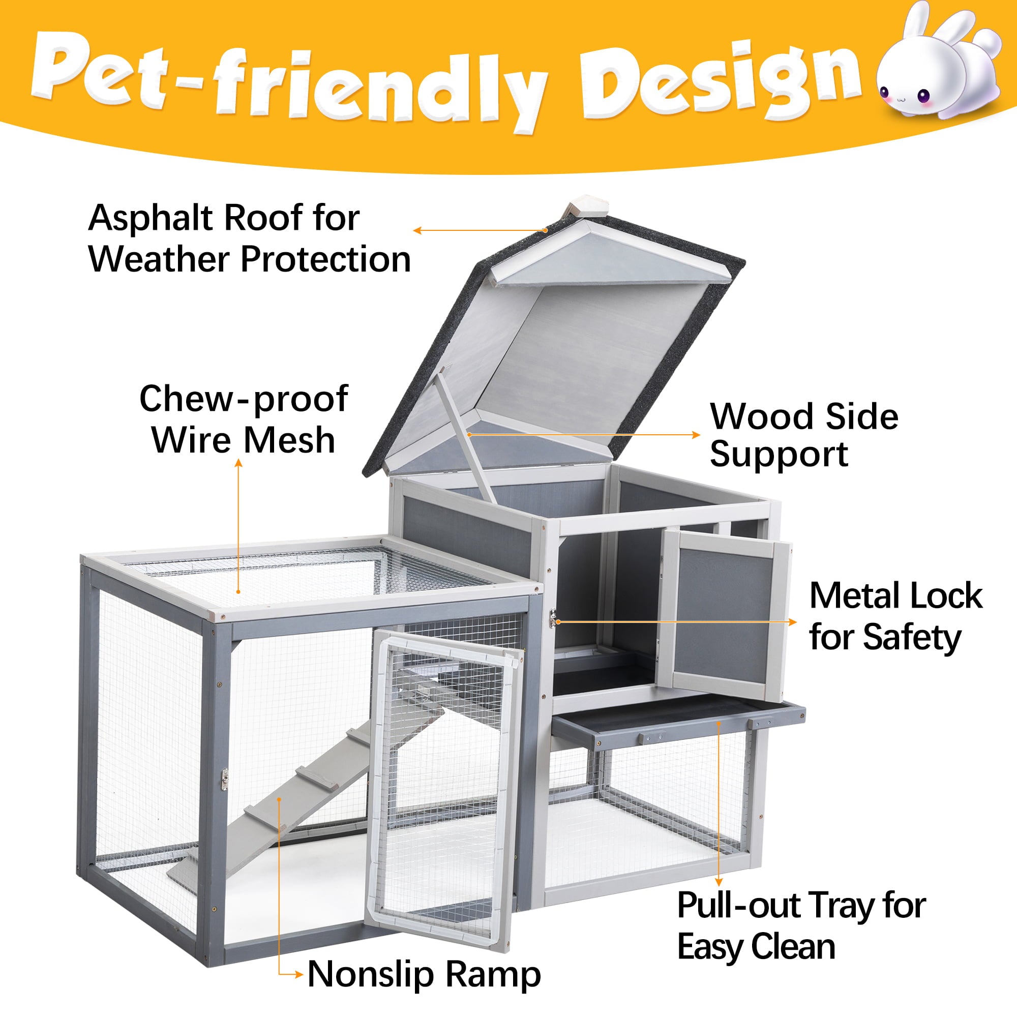 Coziwow Wooden Rabbit Hutch Small Animal Cage Guinea Pig Coop W/ Openable Roof， Gray