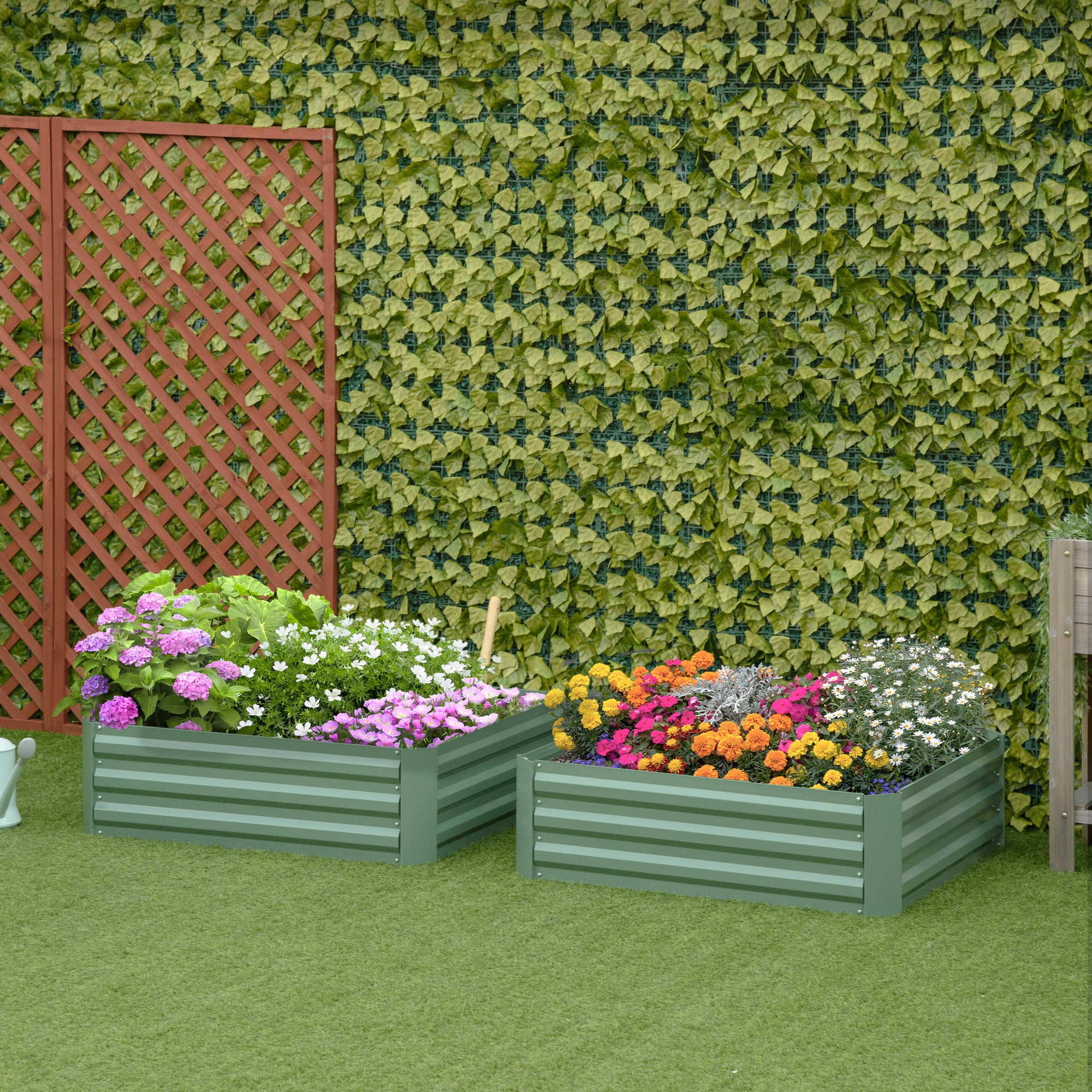 Outsunny Set of 2 Raised Garden Bed Galvanized Planter Box Easy Setup, Green