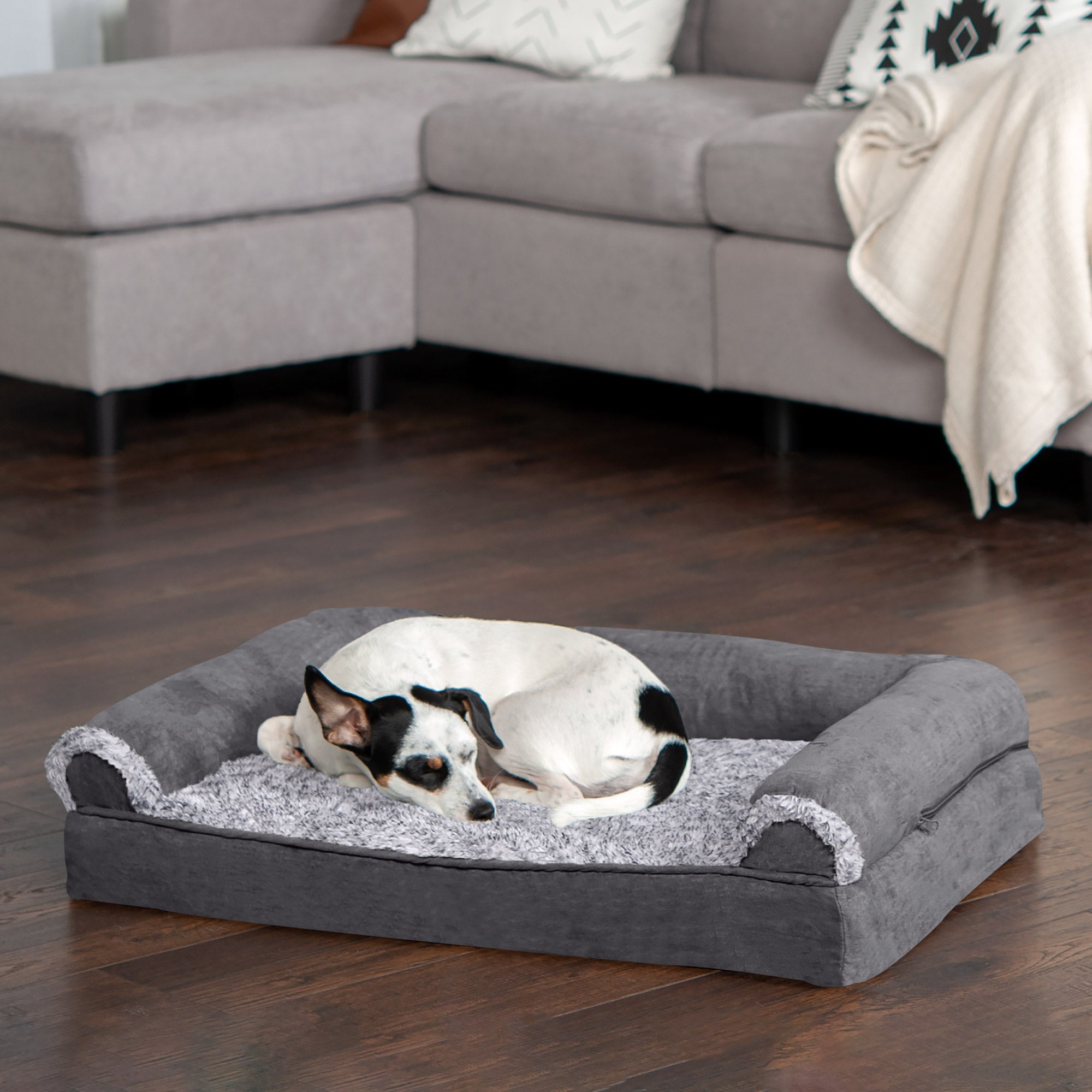 FurHaven Pet Products | Cooling Gel Memory Foam Orthopedic Two-Tone Faux Fur and Suede Sofa-Style Couch Pet Bed for Dogs and Cats， Stone Gray， Medium