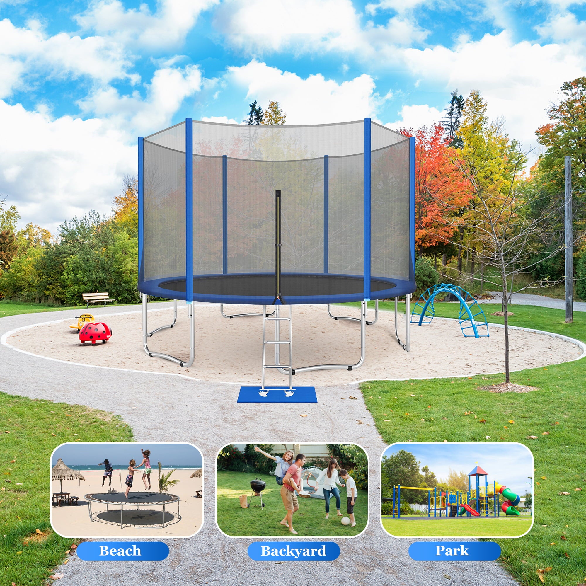 Trampoline ON SALES， Seizeen 15FT XL Trampoline for Kids - All-Weather Trampoline W/ Thickened Enclosure Net and Foot Pad， Outdoor Round Trampolines Bears 4-6 Kids， Blue