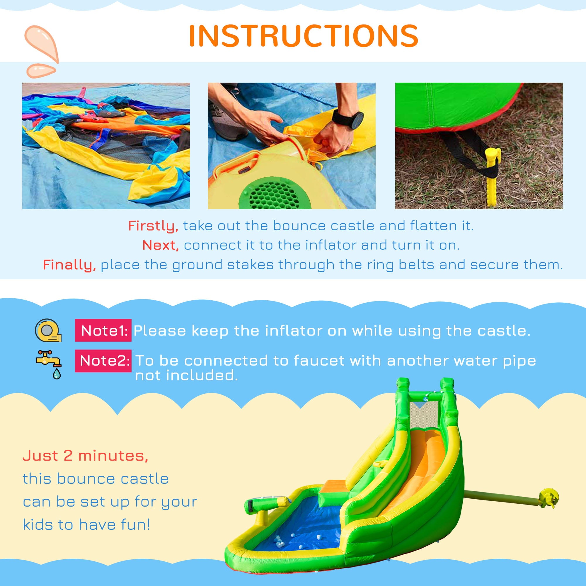 Outsunny 6 in 1 Inflatable Water Slide for Kids Backyard Water Park Castle Bounce House Extra Large Crocodile Style with Basket， Cannon， Pool， Climbing Wall， Slide and Carrybag Without Air Blower