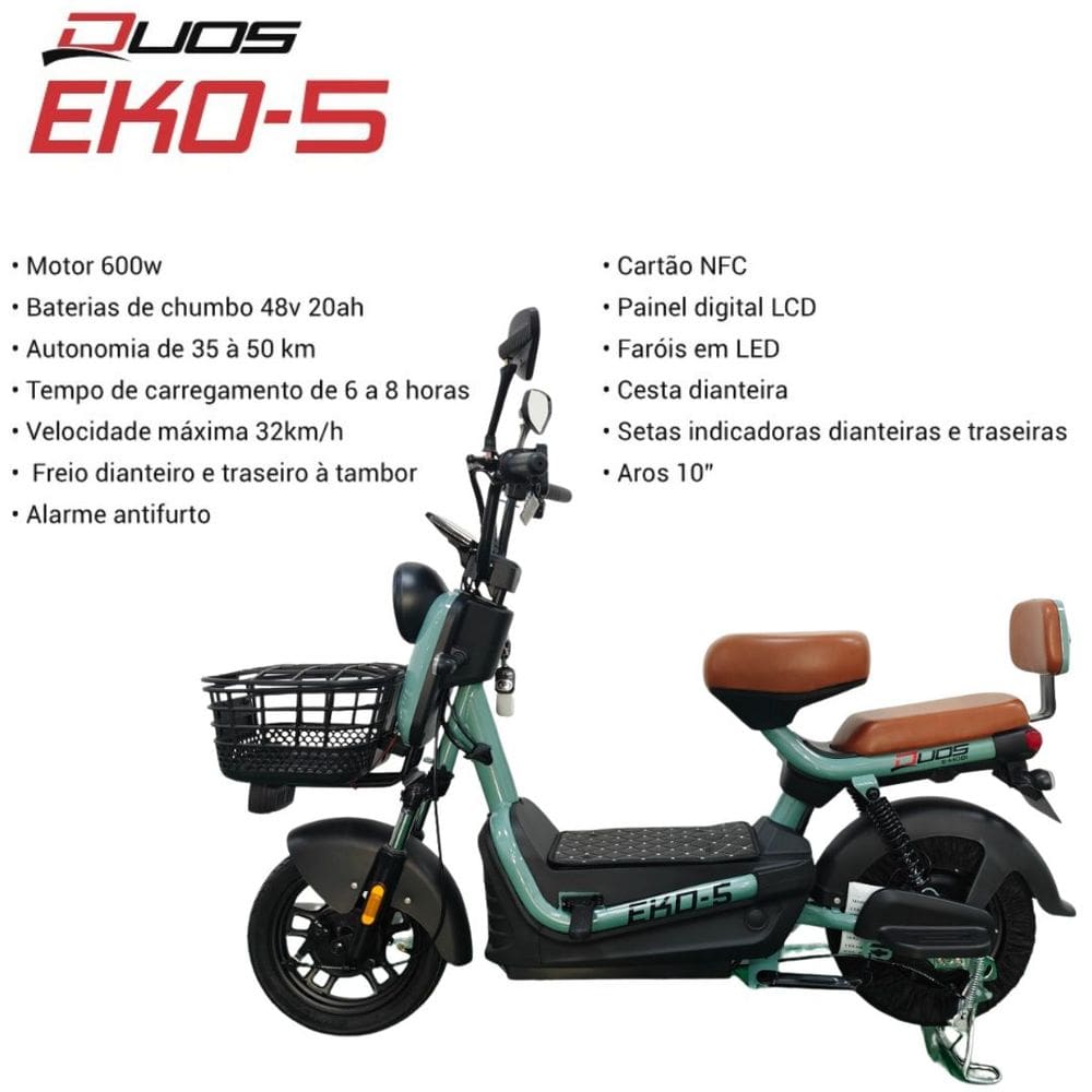 Bicicleta Scooter Elétrica 600W Alarme Eko-5 Verde Duos