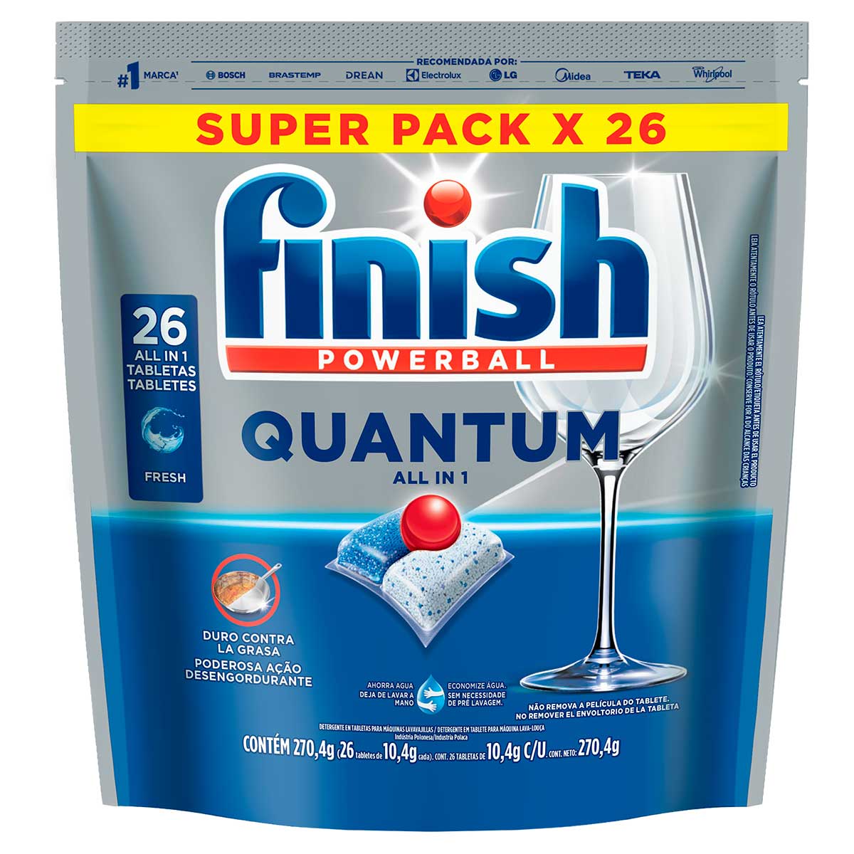 Detergente Tablete para Maquina de Lavar Loucas Finish Powerball Quantum All In 1 270,4g 26 Unidades