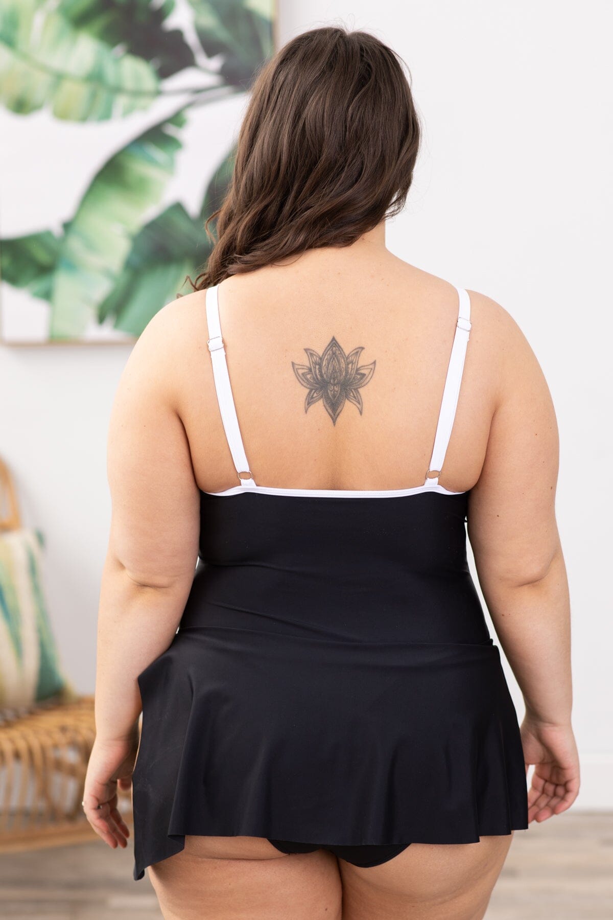 Black and White One Piece Swimsuit with Skirt