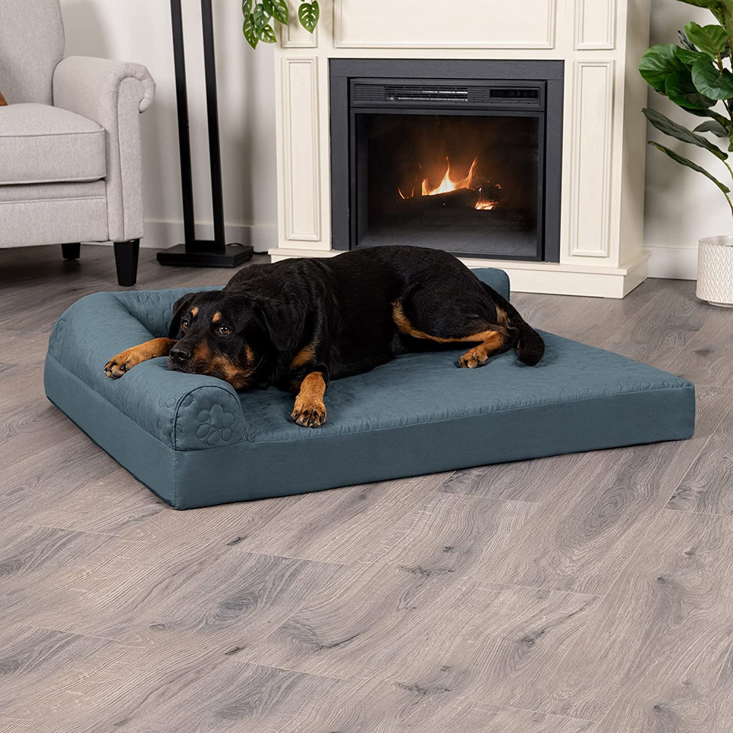 Furhaven XL Orthopedic Dog Bed Pinsonic Quilted Paw L Shaped Chaise w/ Removable Washable Cover - Bluestone， Jumbo (X-Large) Orthopedic Foam Jumbo L Chaise - Quilted Paw (Bluestone)