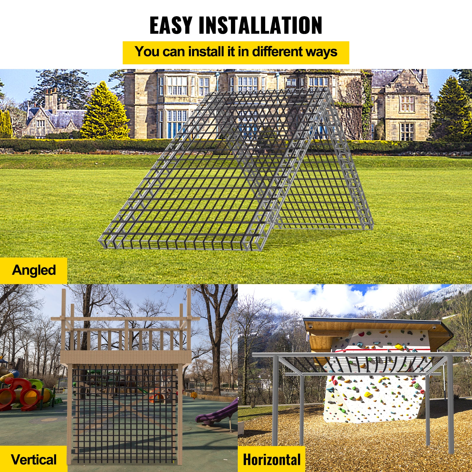 VEVOR Climbing Cargo Net， 12' x 12' Playground Climbing Net， Polyester Material， Rope Ladder， Swingset， Large Military Climbing Cargo Net for Kids and Adult， Indoor and Outdoor， Treehouse， Jungle Gyms