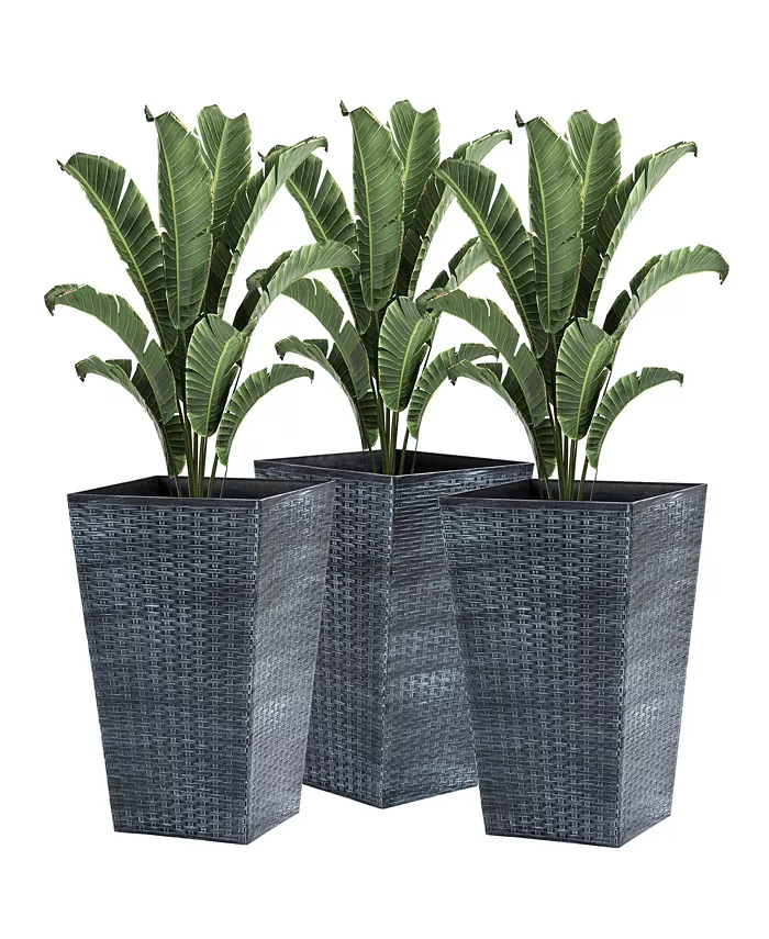 Outsunny Set of 3 Tall Planters， Outdoor Indoor Flower Pot Set for Front Door， Entryway， Patio and Deck， Grey