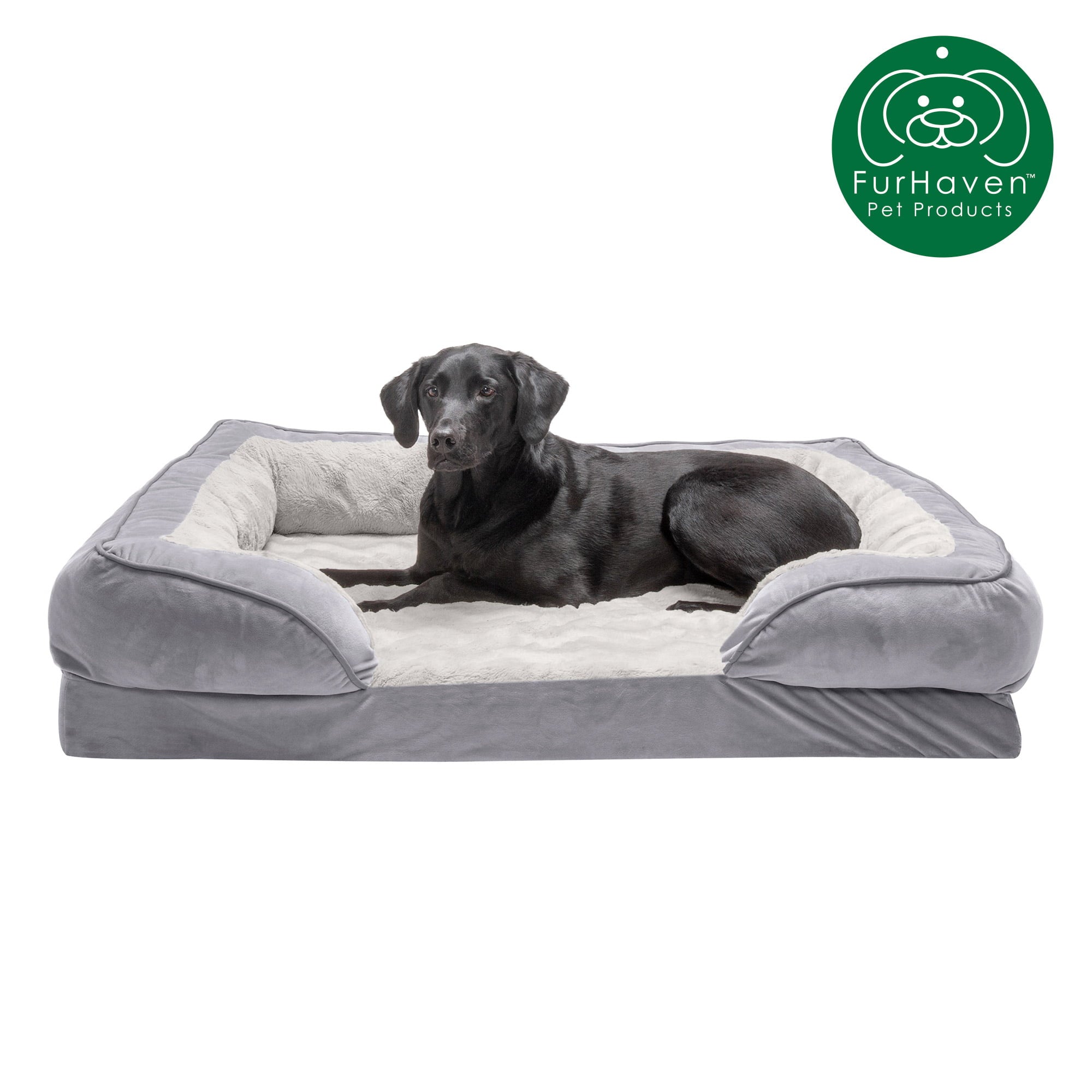 FurHaven Pet Products | Cooling Gel Memory Foam Orthopedic Perfect Comfort Velvet Waves Sofa-Style Couch Pet Bed for Dogs and Cats， Granite Gray， Jumbo