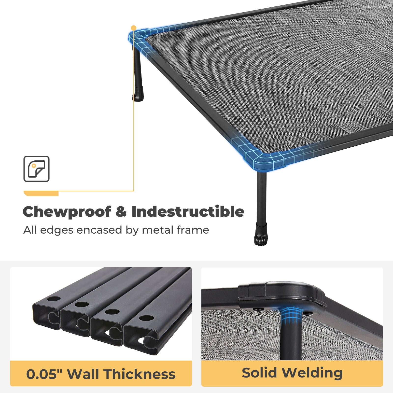Veehoo Chewproof Dog Bed， Cooling Raised Dog Cots with Black Metal Frame， Large， Black Silver